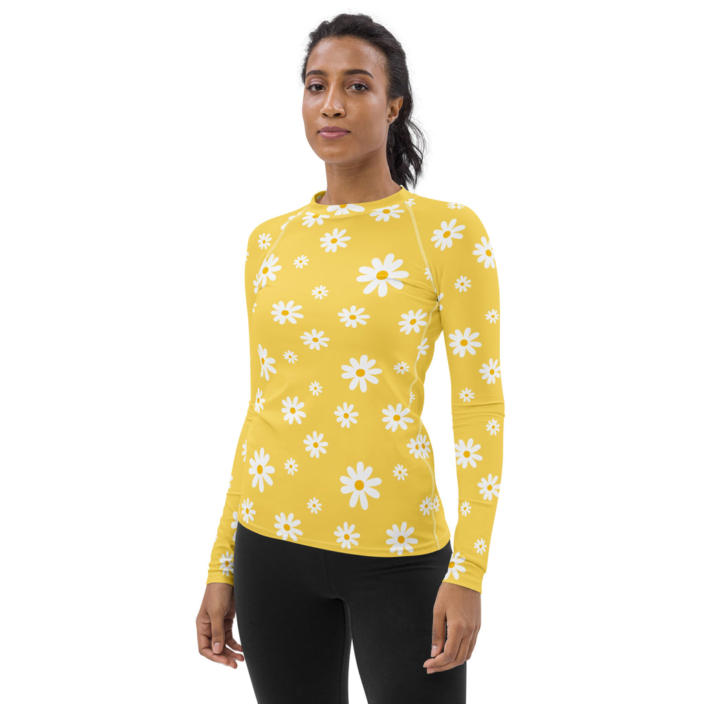 Women's Yellow Daisy Buttery Soft Long Sleeve Rash Guard Swim Shirt With UPF 50+