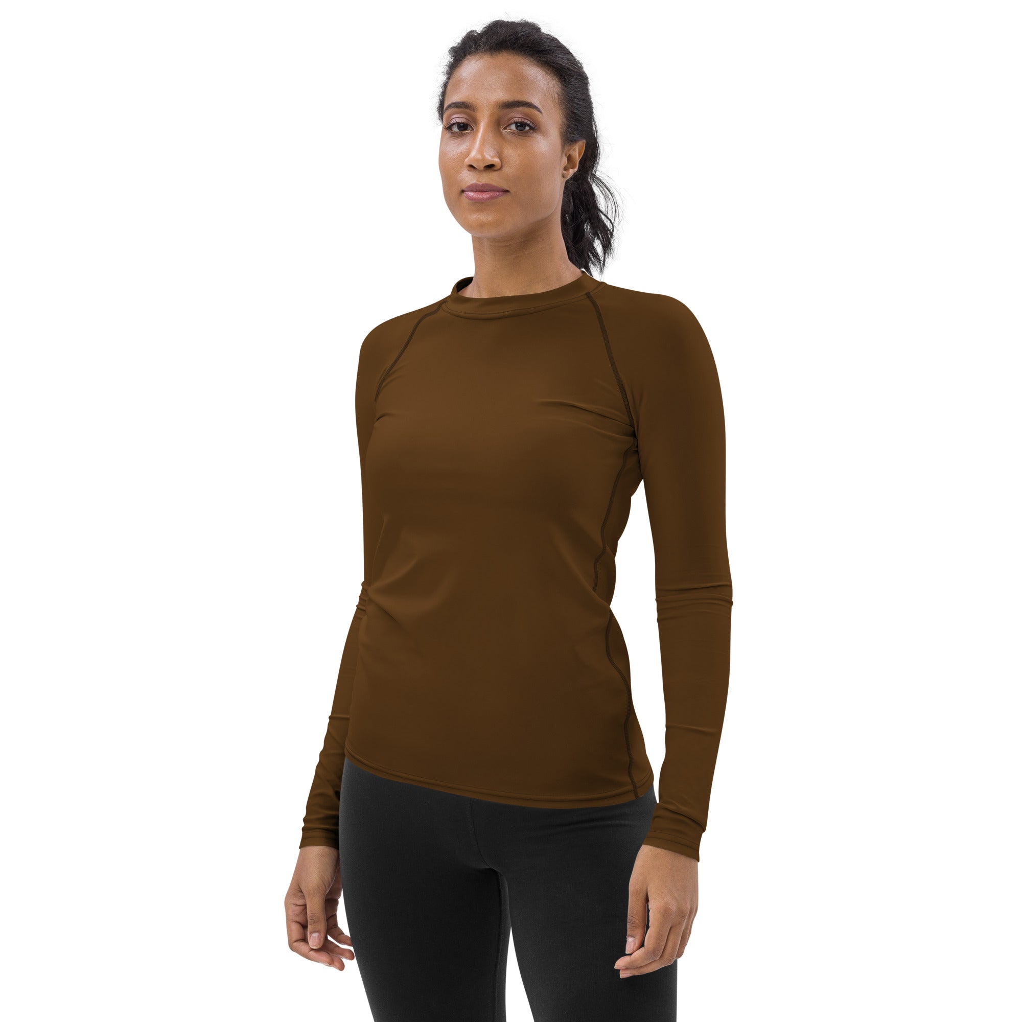 Women’s brown buttery soft long sleeve rash guard swim shirt with UPF 50 seamless construction and high neckline