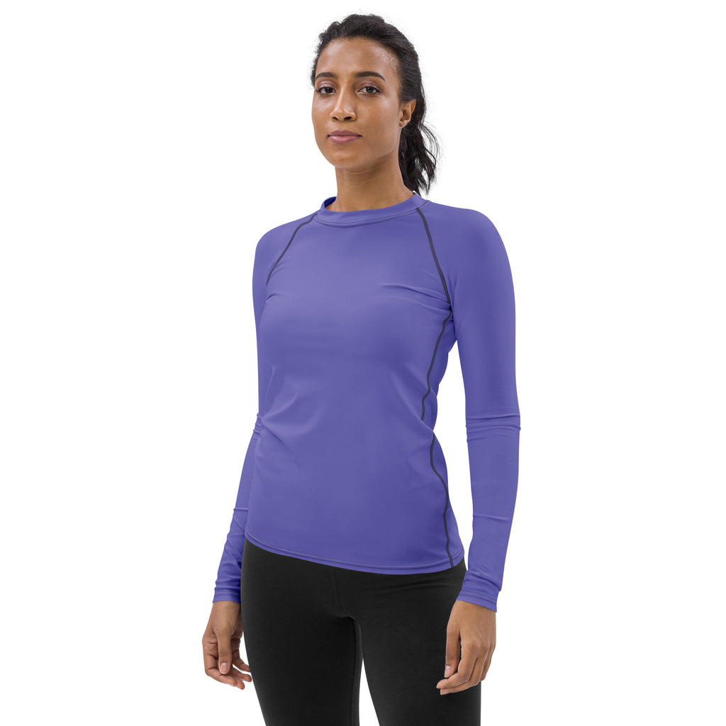 Women’s purple long sleeve rash guard swim shirt with black seam detailing and UPF 50 plus for sun protection