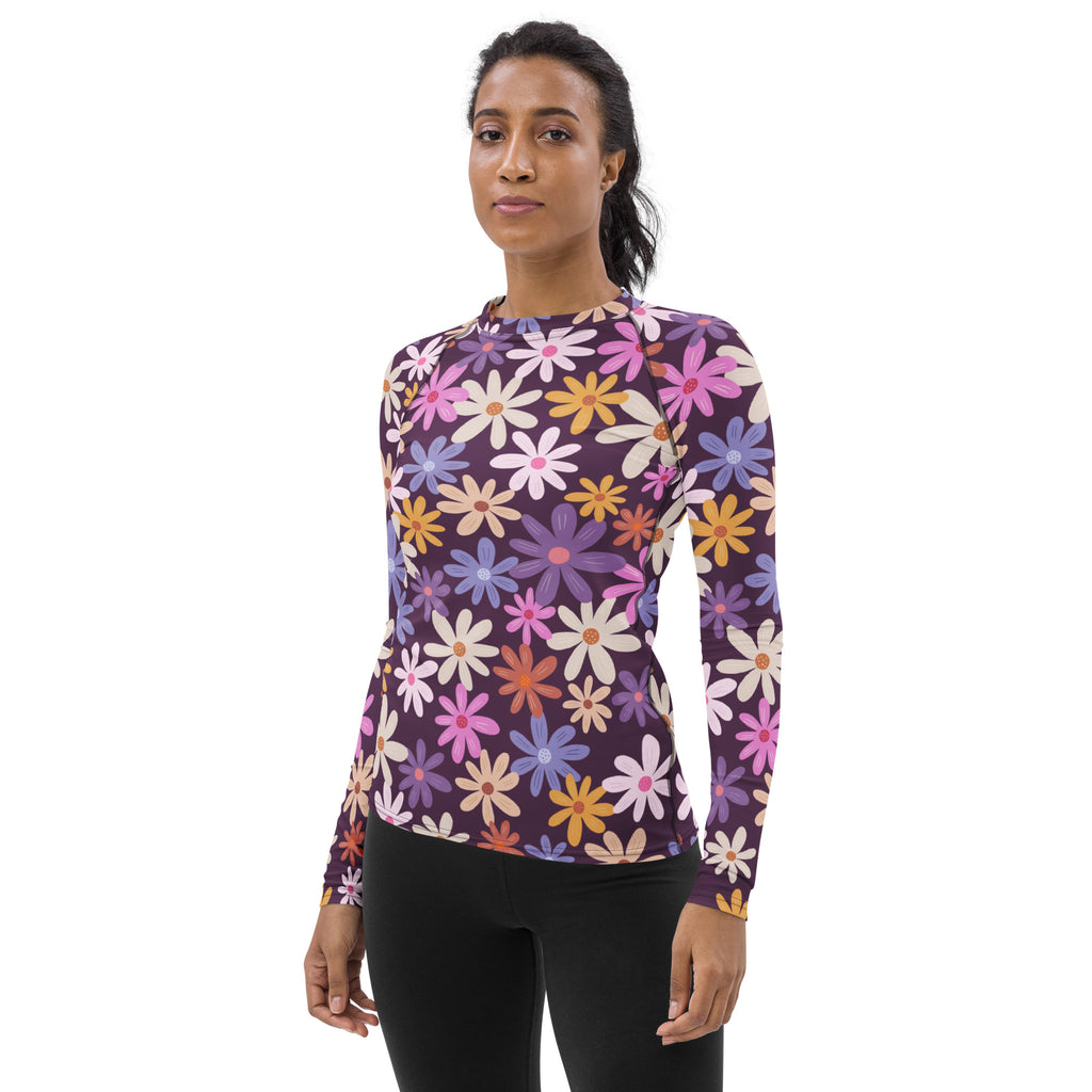 Women’s retro floral long sleeve rash guard swim shirt in deep purple with colorful flowers and buttery soft fabric upf 50+