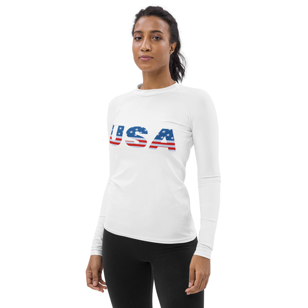White long sleeve buttery soft rash guard swim shirt with usa stars and stripes graphic and upf 50 plus protection