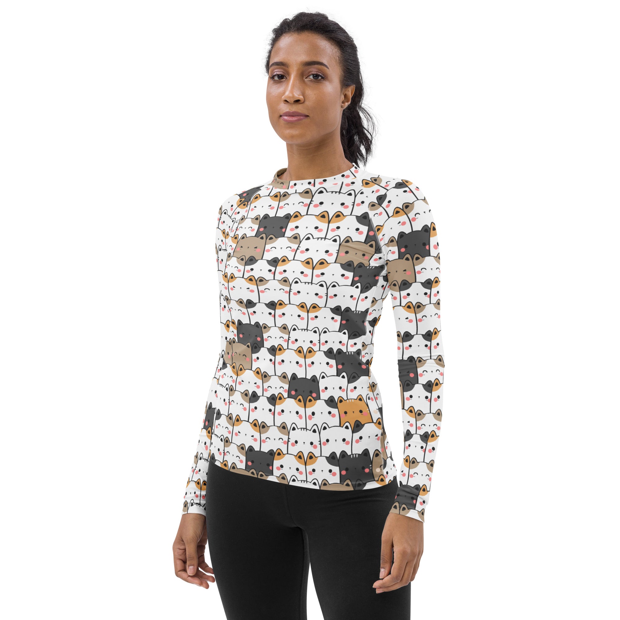 Women's Kawaii Cat Face Buttery Soft Long Sleeve Rash Guard Swim Shirt With UPF 50+