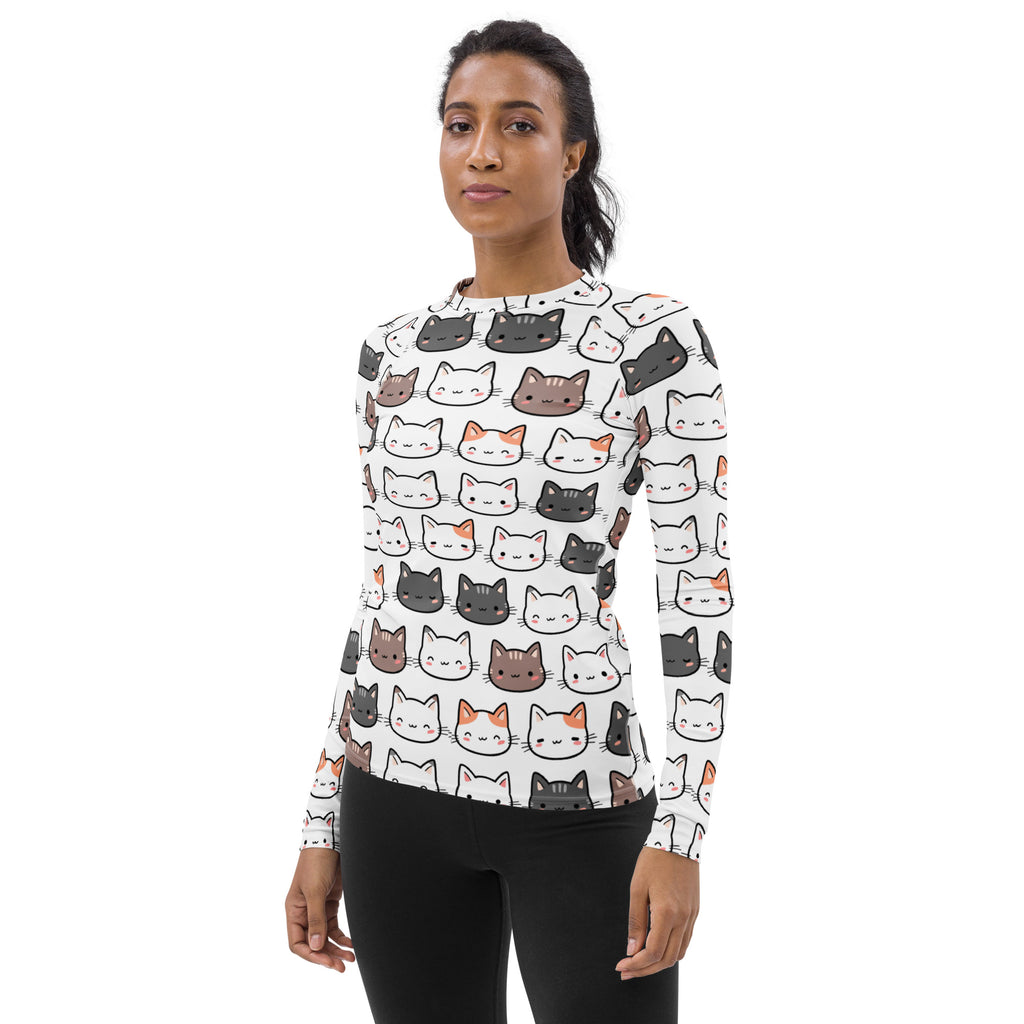 White women’s long sleeve rash guard swim shirt with colorful cartoon cats and UPF 50 plus buttery soft fabric