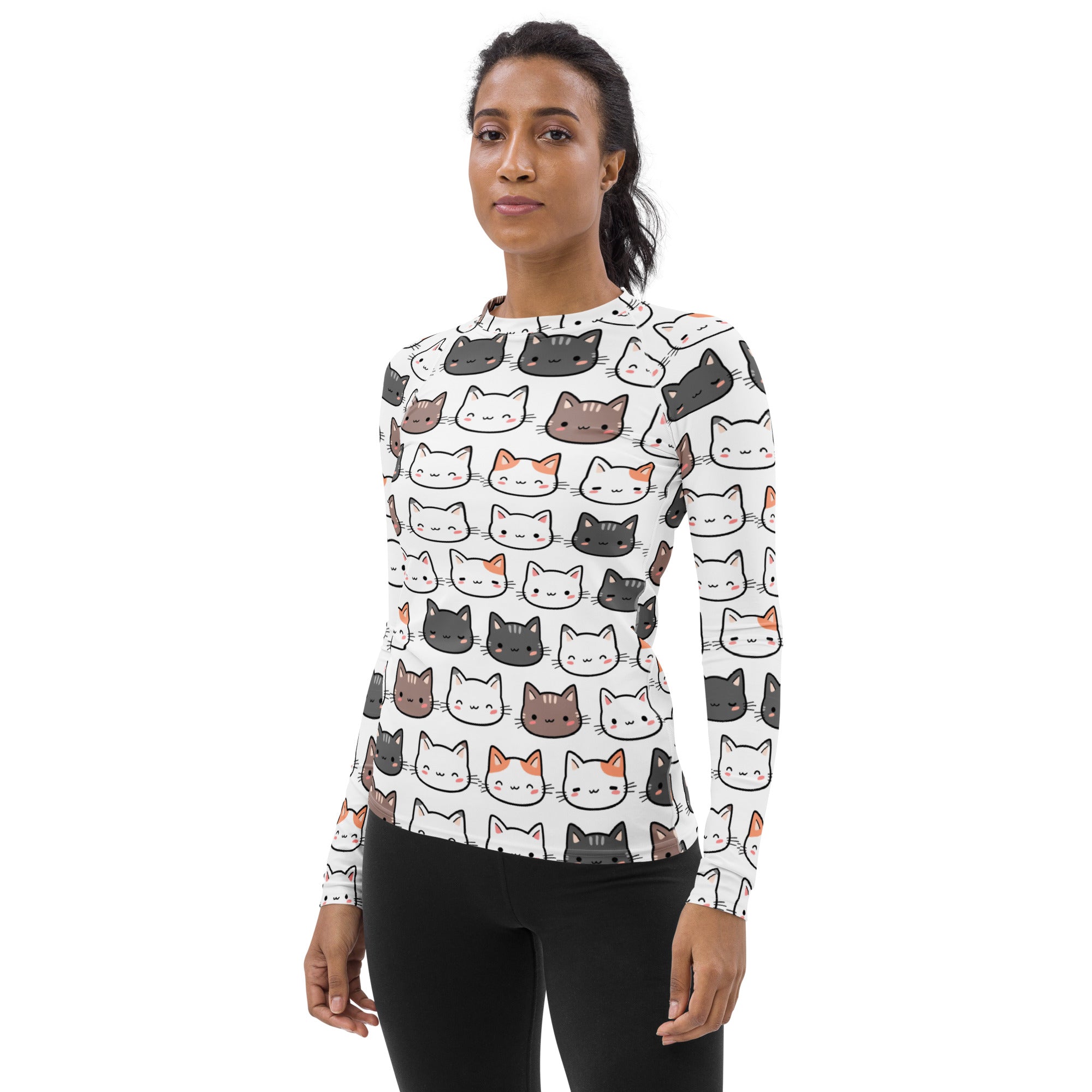 White women’s long sleeve rash guard swim shirt with colorful cartoon cats and UPF 50 plus buttery soft fabric