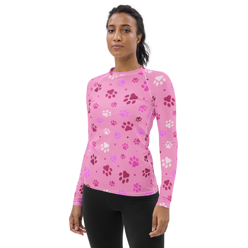 Women’s pink paw print buttery soft long sleeve rash guard swim shirt with upf 50 plus and playful paw pattern