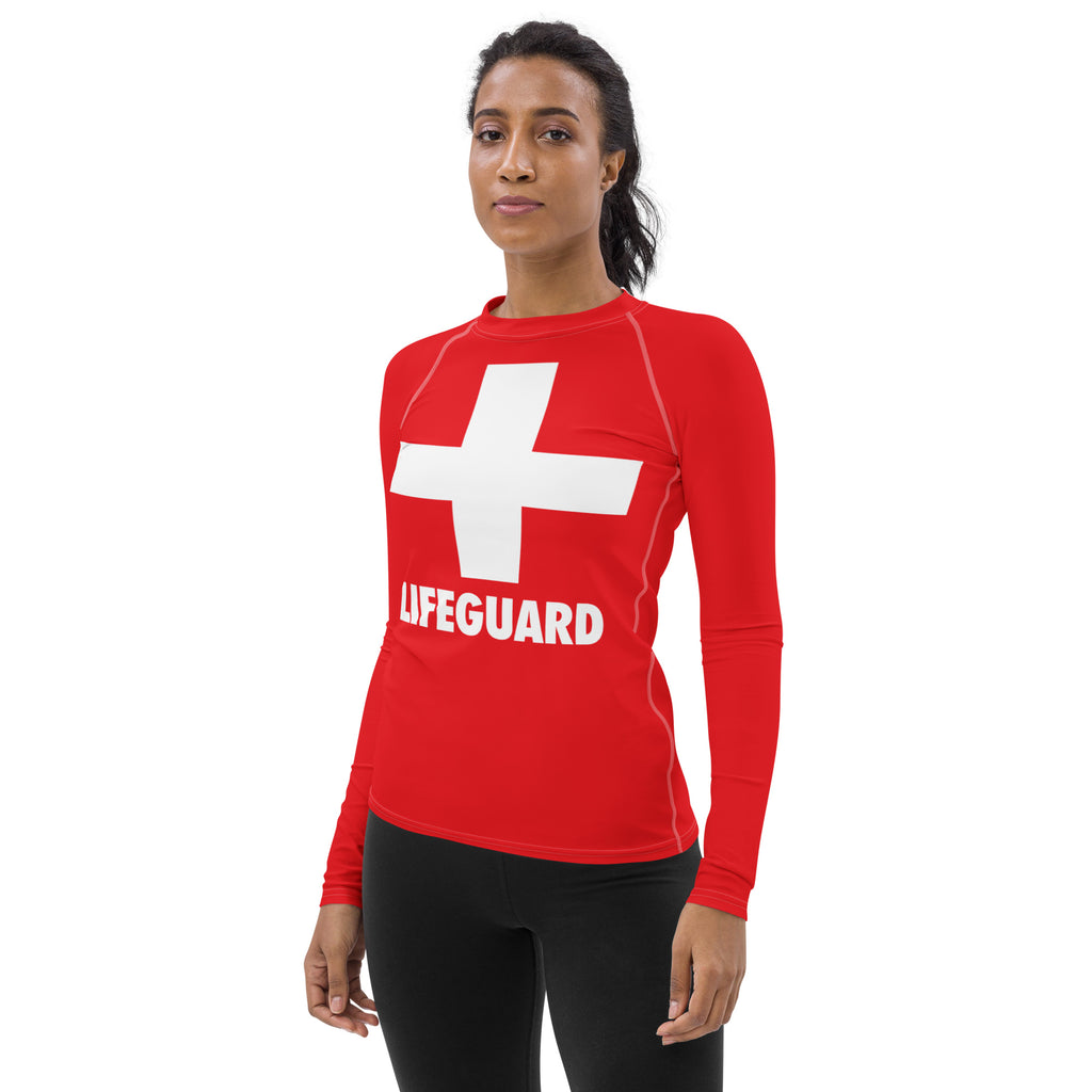 Red long-sleeved buttery soft lifeguard rash guard swim shirt with white cross lifeguard text and UPF 50+ protection