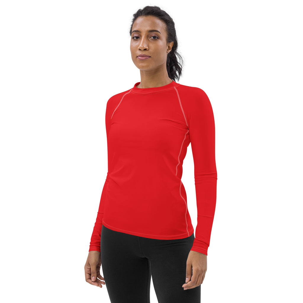 Women’s red buttery soft long sleeve rash guard swim shirt with subtle white stitching and UPF 50 plus protection