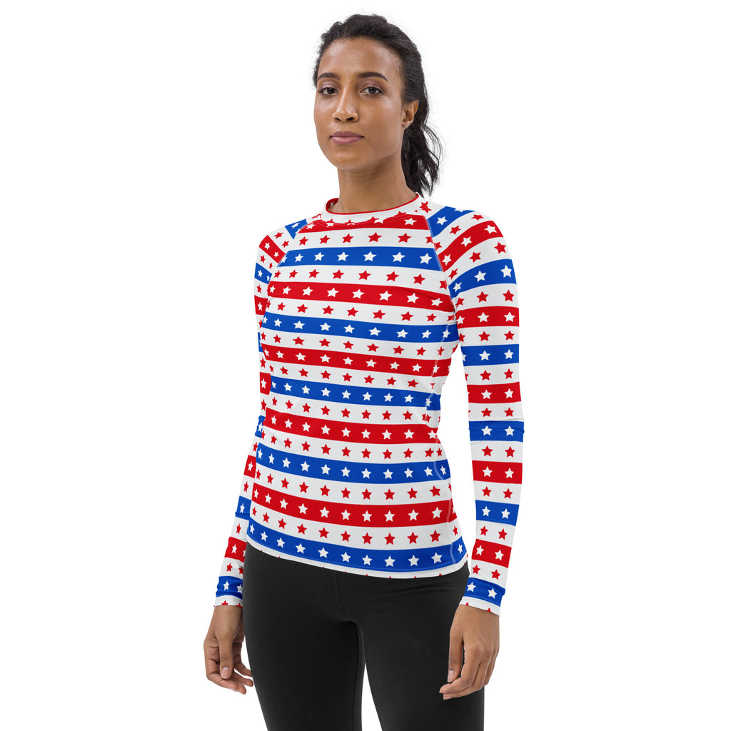 Women's Striped Red White and Blue Stars Long Sleeve Rash Guard Swim Shirt – Buttery Soft, Sun Safe UPF 50+ Protection, Quick Dry & 4-Way Stretch Comfort