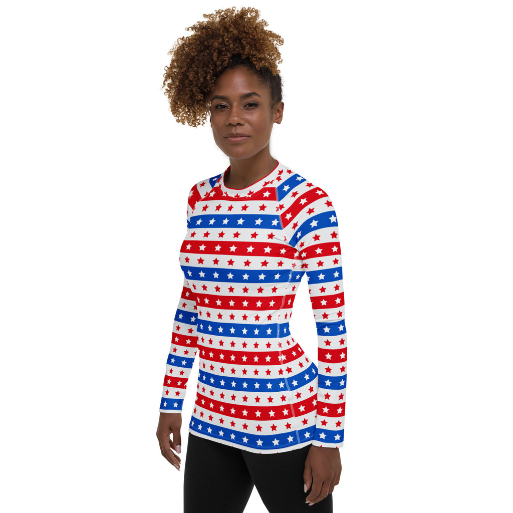 Women's Striped Red White and Blue Stars Long Sleeve Rash Guard Swim Shirt – Buttery Soft, Sun Safe UPF 50+ Protection, Quick Dry & 4-Way Stretch Comfort