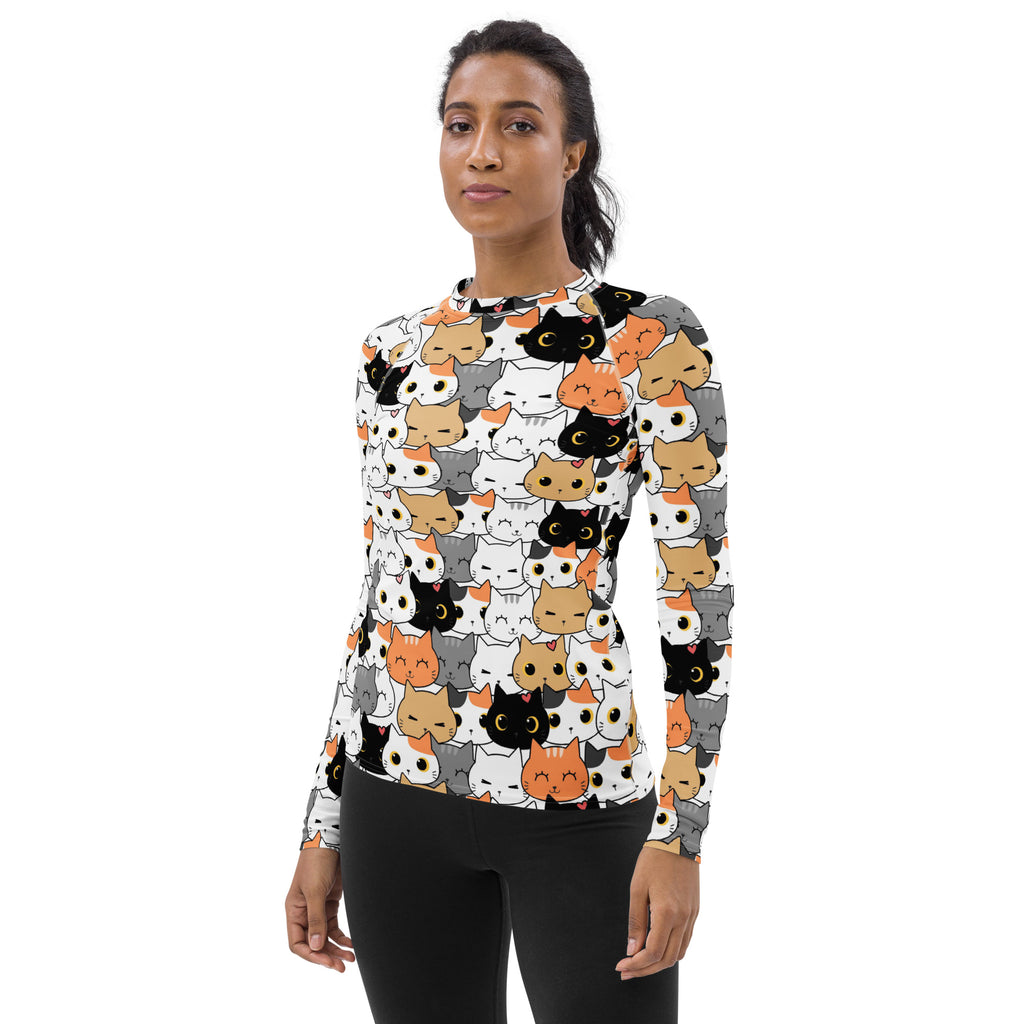 Women's Cat Face Long Sleeve Rash Guard Swim Shirt – Buttery Soft, Sun Safe UPF 50+ Protection, Quick Dry & 4-Way Stretch Comfort