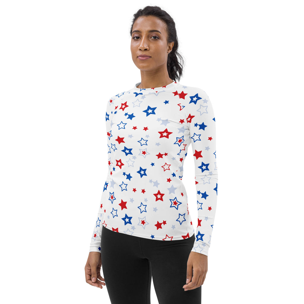 Women's Red White and Blue Stars Long Sleeve Rash Guard Swim Shirt – Buttery Soft, Sun Safe UPF 50+ Protection, Quick Dry & 4-Way Stretch Comfort