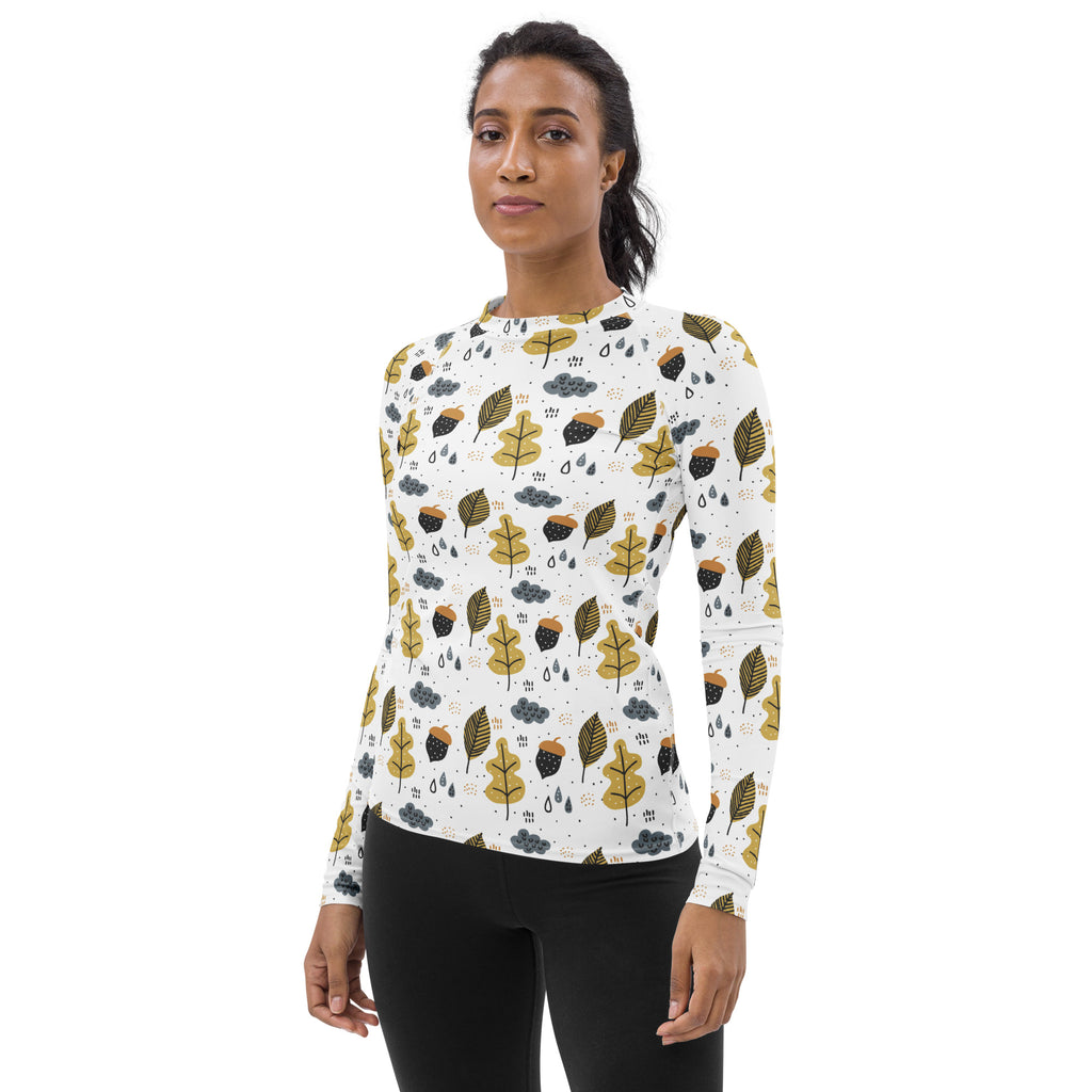 Women's Autumn Leaves and Acorns Long Sleeve Rash Guard Swim Shirt – Buttery Soft, Sun Safe UPF 50+ Protection, Quick Dry & 4-Way Stretch Comfort