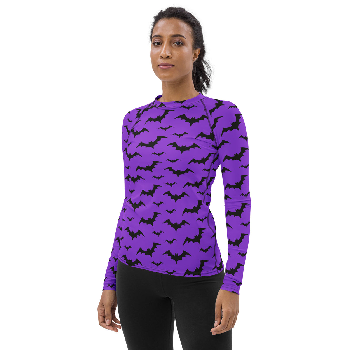 Women's Purple Bat Halloween Long Sleeve Rash Guard Swim Shirt – Buttery Soft, Sun Safe UPF 50+ Protection, Quick Dry & 4-Way Stretch Comfort