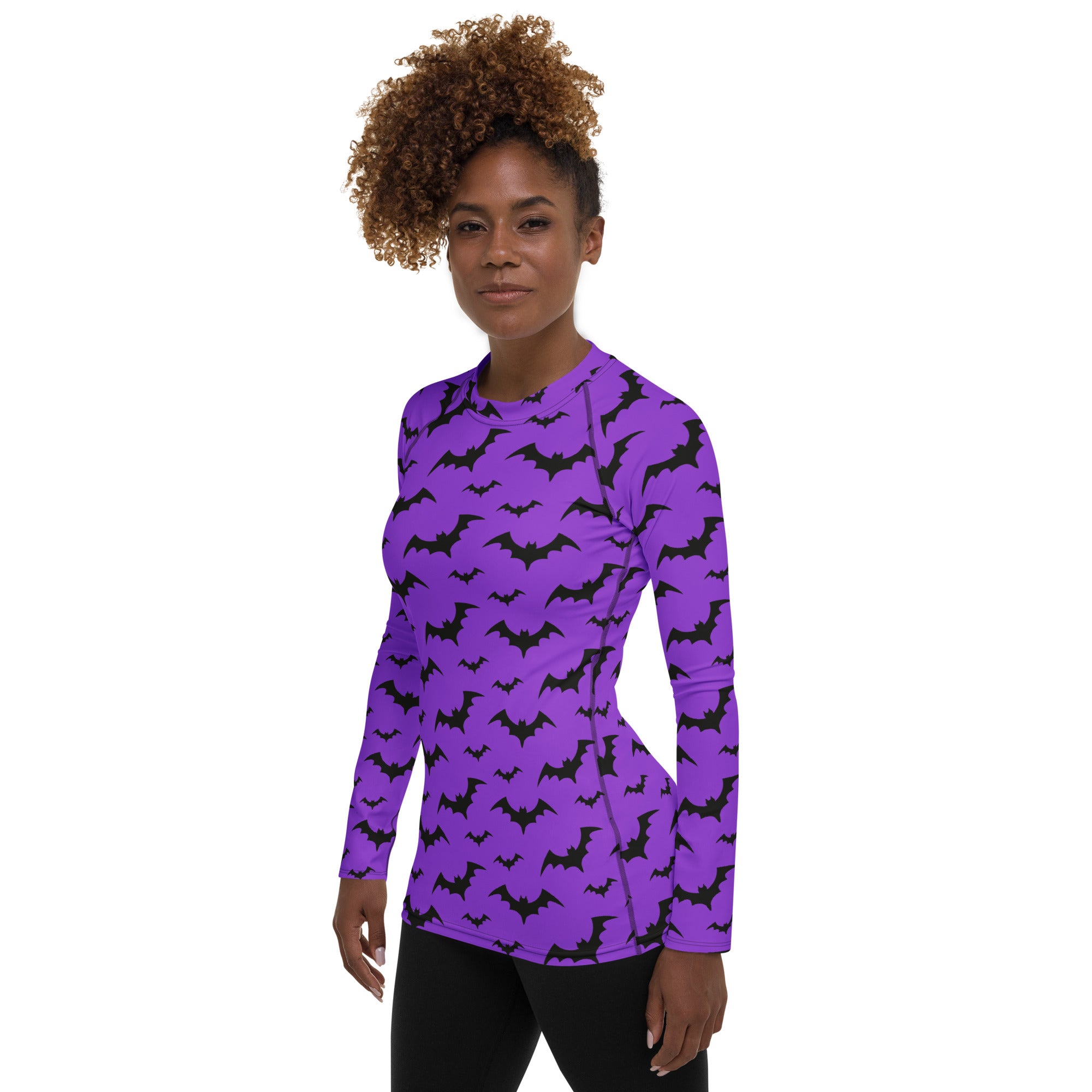 Women's Purple Bat Halloween Long Sleeve Rash Guard Swim Shirt – Buttery Soft, Sun Safe UPF 50+ Protection, Quick Dry & 4-Way Stretch Comfort