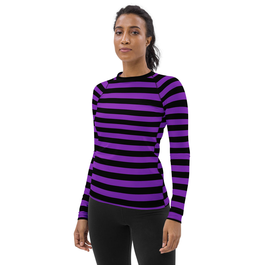 Women's Purple and Black Striped Halloween Long Sleeve Rash Guard Swim Shirt – Buttery Soft, Sun Safe UPF 50+ Protection, Quick Dry & 4-Way Stretch Comfort