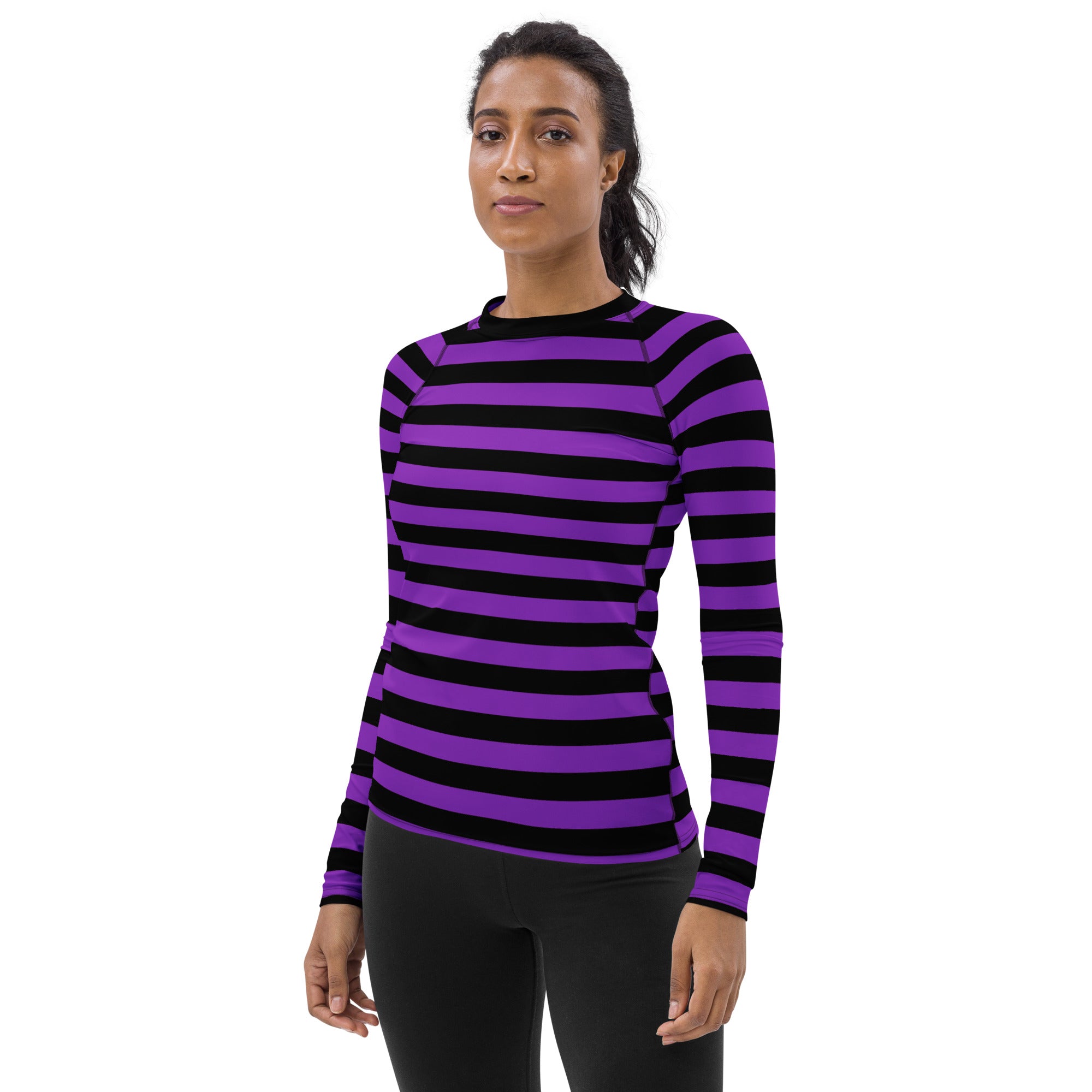 Women's Purple and Black Striped Halloween Long Sleeve Rash Guard Swim Shirt – Buttery Soft, Sun Safe UPF 50+ Protection, Quick Dry & 4-Way Stretch Comfort