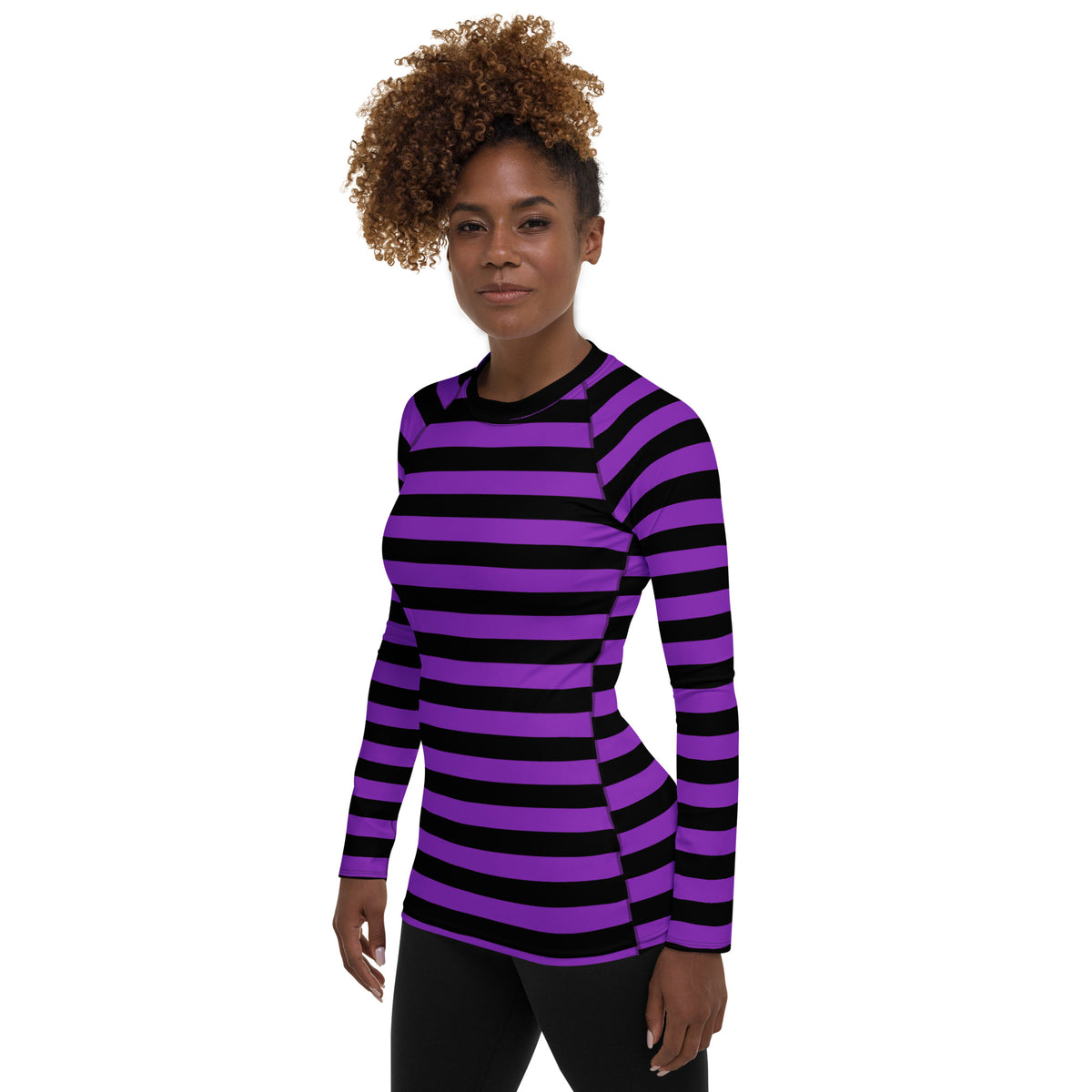 Women's Purple and Black Striped Halloween Long Sleeve Rash Guard Swim Shirt – Buttery Soft, Sun Safe UPF 50+ Protection, Quick Dry & 4-Way Stretch Comfort