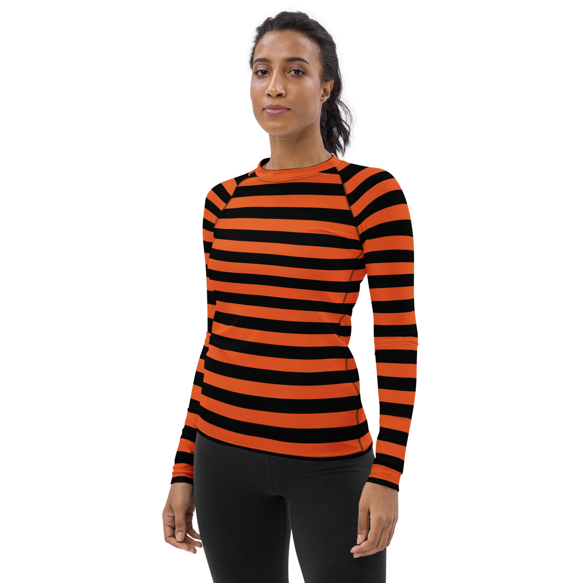 Women's Orange and Black Striped Halloween Long Sleeve Rash Guard Swim Shirt – Buttery Soft, Sun Safe UPF 50+ Protection, Quick Dry & 4-Way Stretch Comfort
