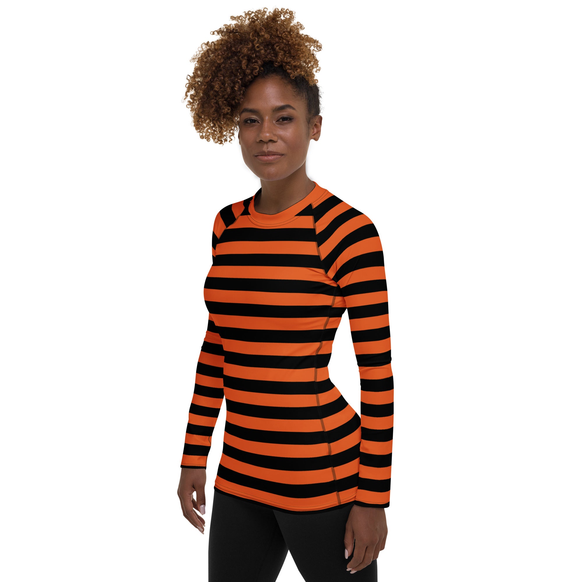 Women's Orange and Black Striped Halloween Long Sleeve Rash Guard Swim Shirt – Buttery Soft, Sun Safe UPF 50+ Protection, Quick Dry & 4-Way Stretch Comfort