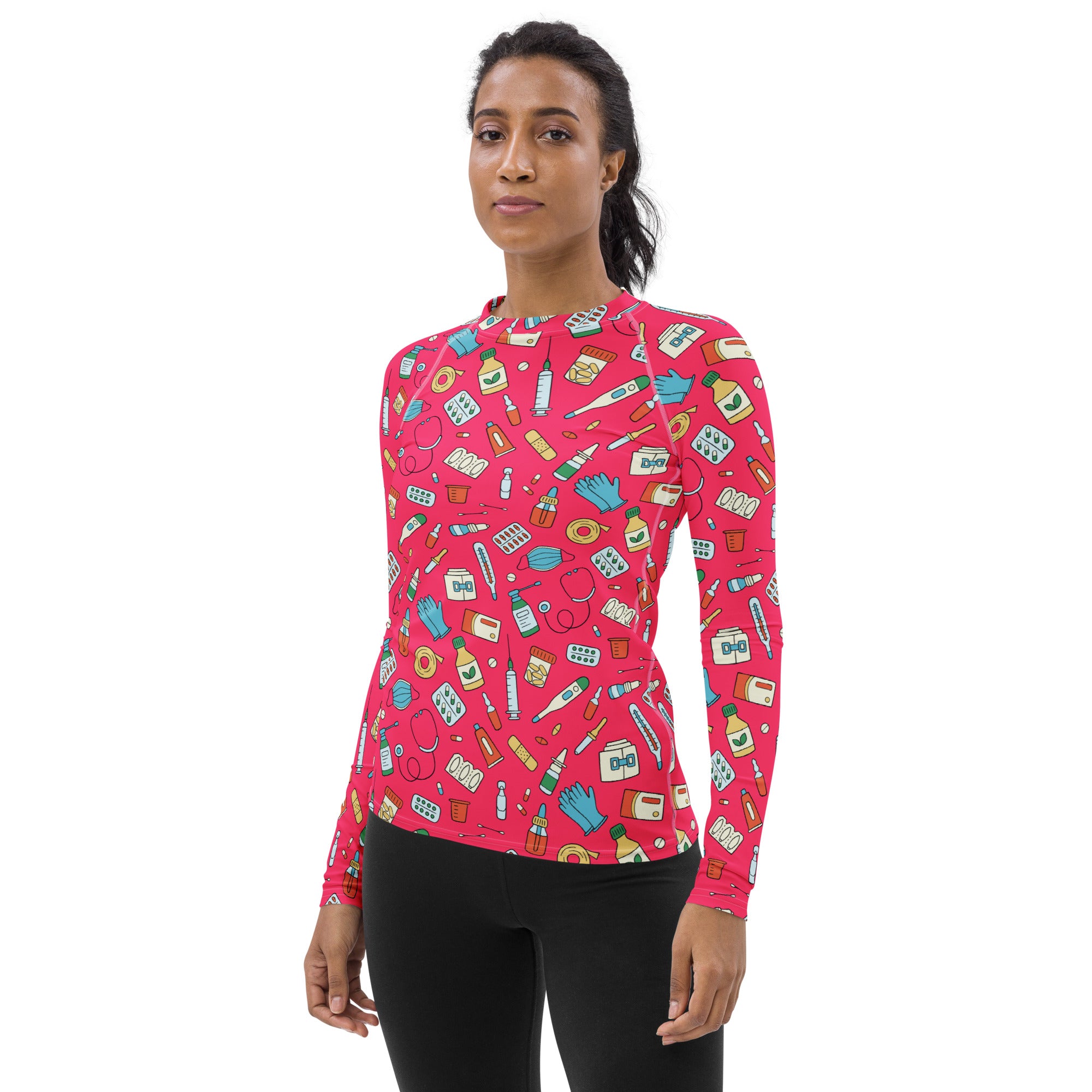 Women's Pink Nurse Themed Long Sleeve Rash Guard Swim Shirt – Buttery Soft, Sun Safe UPF 50+ Protection, Quick Dry & 4-Way Stretch Comfort