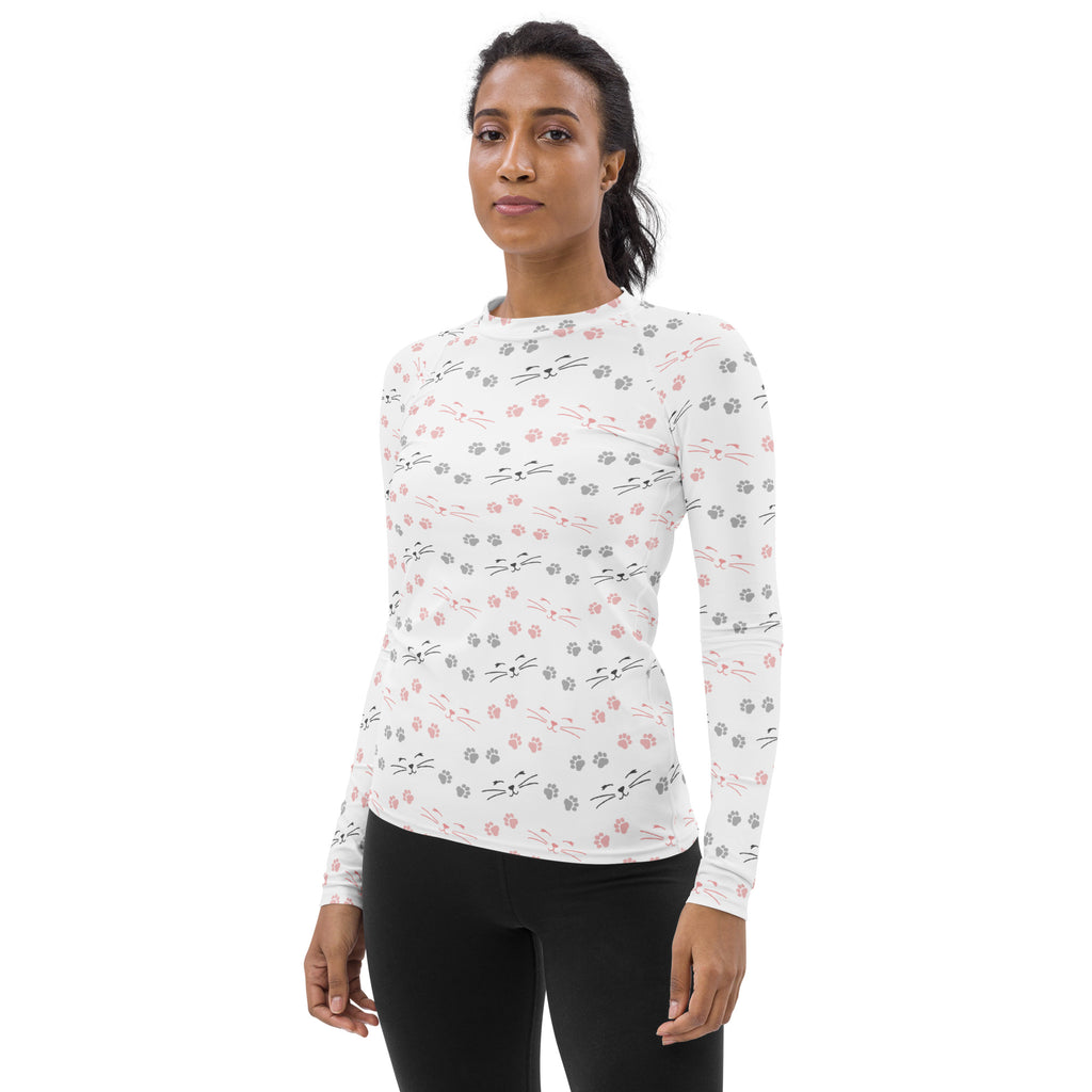 Women's Cat Face and Paw Print Long Sleeve Rash Guard Swim Shirt – Buttery Soft, Sun Safe UPF 50+ Protection, Quick Dry & 4-Way Stretch Comfort