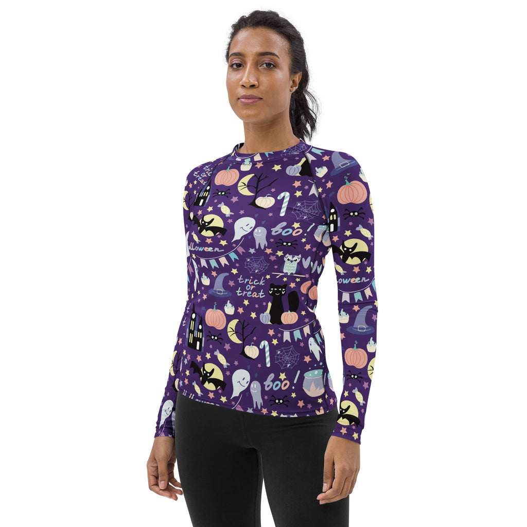 Women's Spooky Halloween Long Sleeve Rash Guard Swim Shirt – Buttery Soft, Sun Safe UPF 50+ Protection, Quick Dry & 4-Way Stretch Comfort