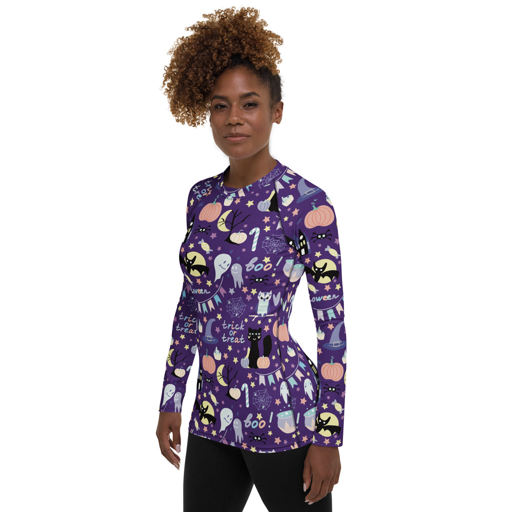 Women's Spooky Halloween Long Sleeve Rash Guard Swim Shirt – Buttery Soft, Sun Safe UPF 50+ Protection, Quick Dry & 4-Way Stretch Comfort