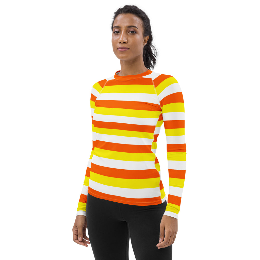 Women's Candy Corn Stripe Long Sleeve Rash Guard Swim Shirt – Buttery Soft, Sun Safe UPF 50+ Protection, Quick Dry & 4-Way Stretch Comfort