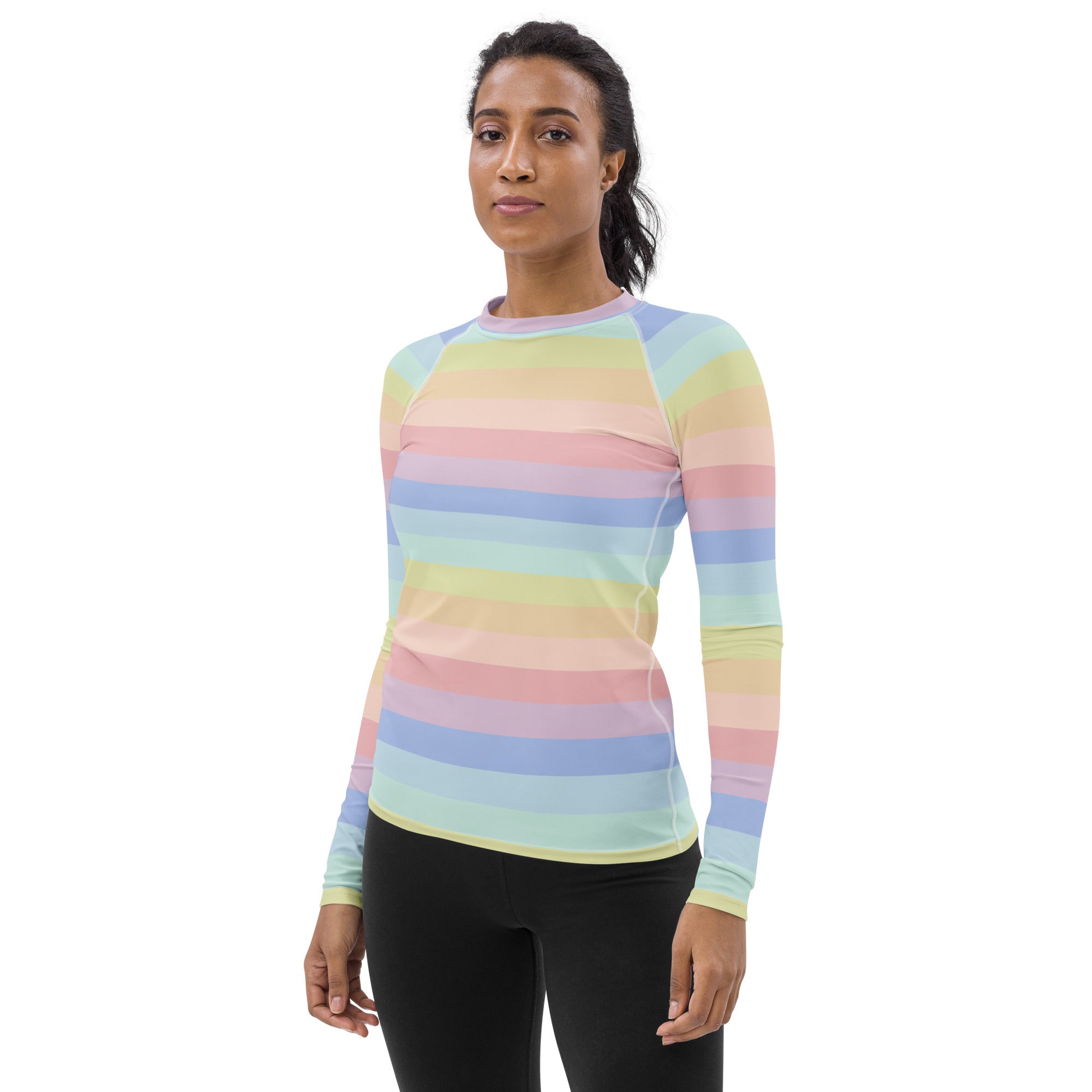 Women's Pastel Rainbow Stripe Long Sleeve Rash Guard Swim Shirt – Buttery Soft, Sun Safe UPF 50+ Protection, Quick Dry & 4-Way Stretch Comfort
