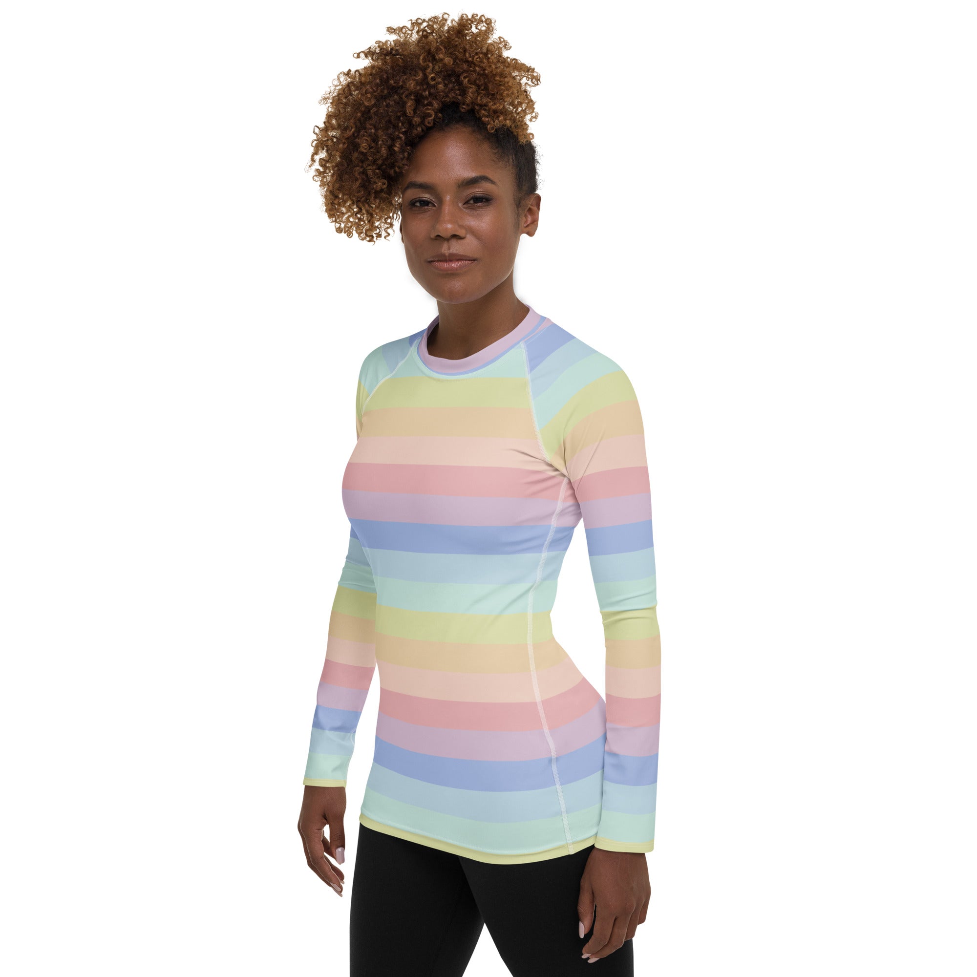 Women's Pastel Rainbow Stripe Long Sleeve Rash Guard Swim Shirt – Buttery Soft, Sun Safe UPF 50+ Protection, Quick Dry & 4-Way Stretch Comfort
