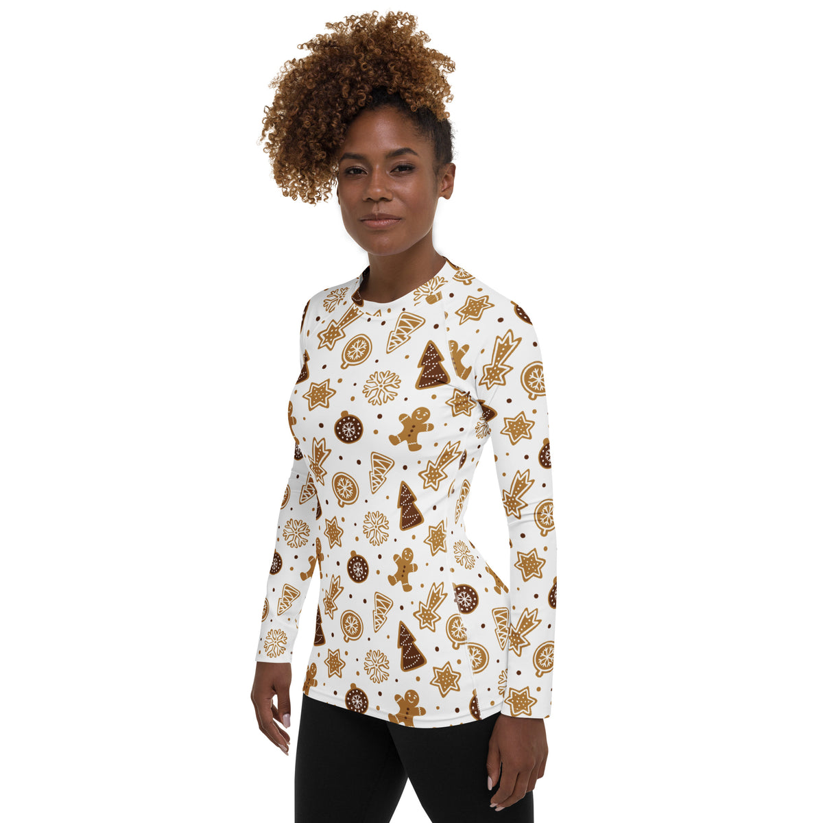 Women's Gingerbread Cookies Christmas Long Sleeve Rash Guard Swim Shirt – Buttery Soft, Sun Safe UPF 50+ Protection, Quick Dry & 4-Way Stretch Comfort