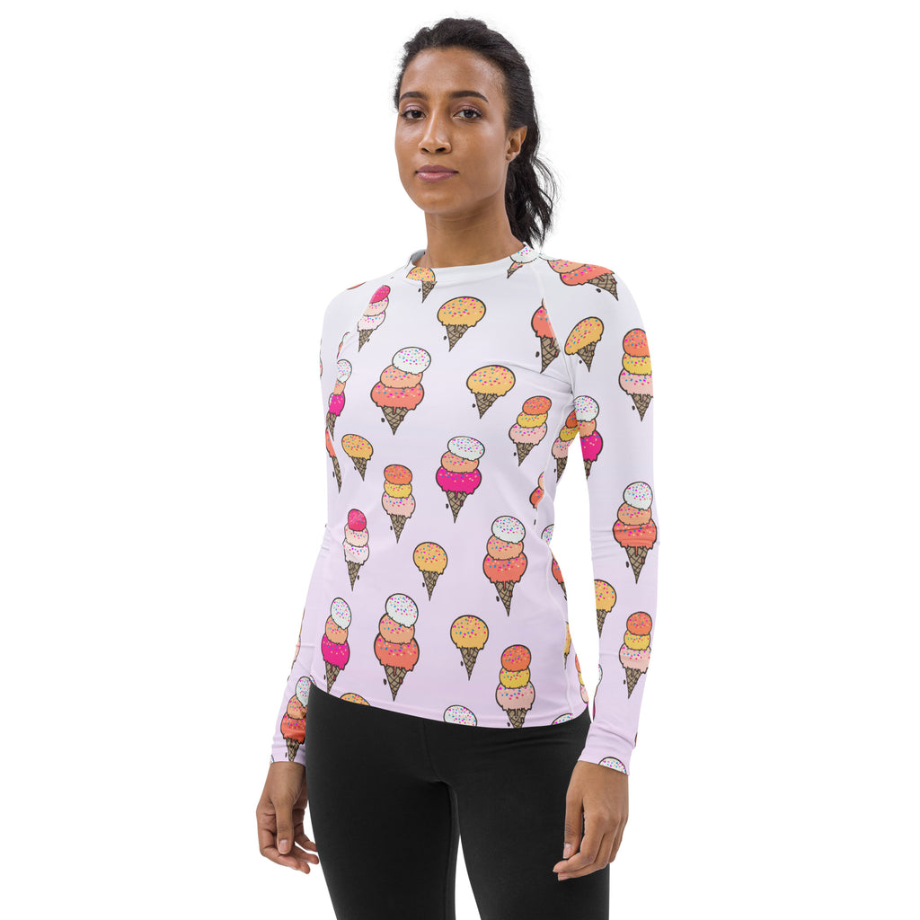Women's Ice Cream Cone Long Sleeve Rash Guard Swim Shirt – Buttery Soft, Sun Safe UPF 50+ Protection, Quick Dry & 4-Way Stretch Comfort