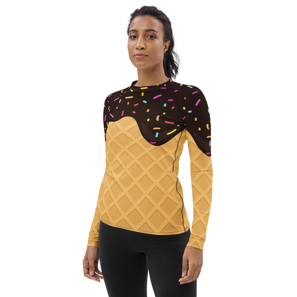 Women's Chocolate Ice Cream Cone Long Sleeve Rash Guard Swim Shirt – Buttery Soft, Sun Safe UPF 50+ Protection, Quick Dry & 4-Way Stretch Comfort