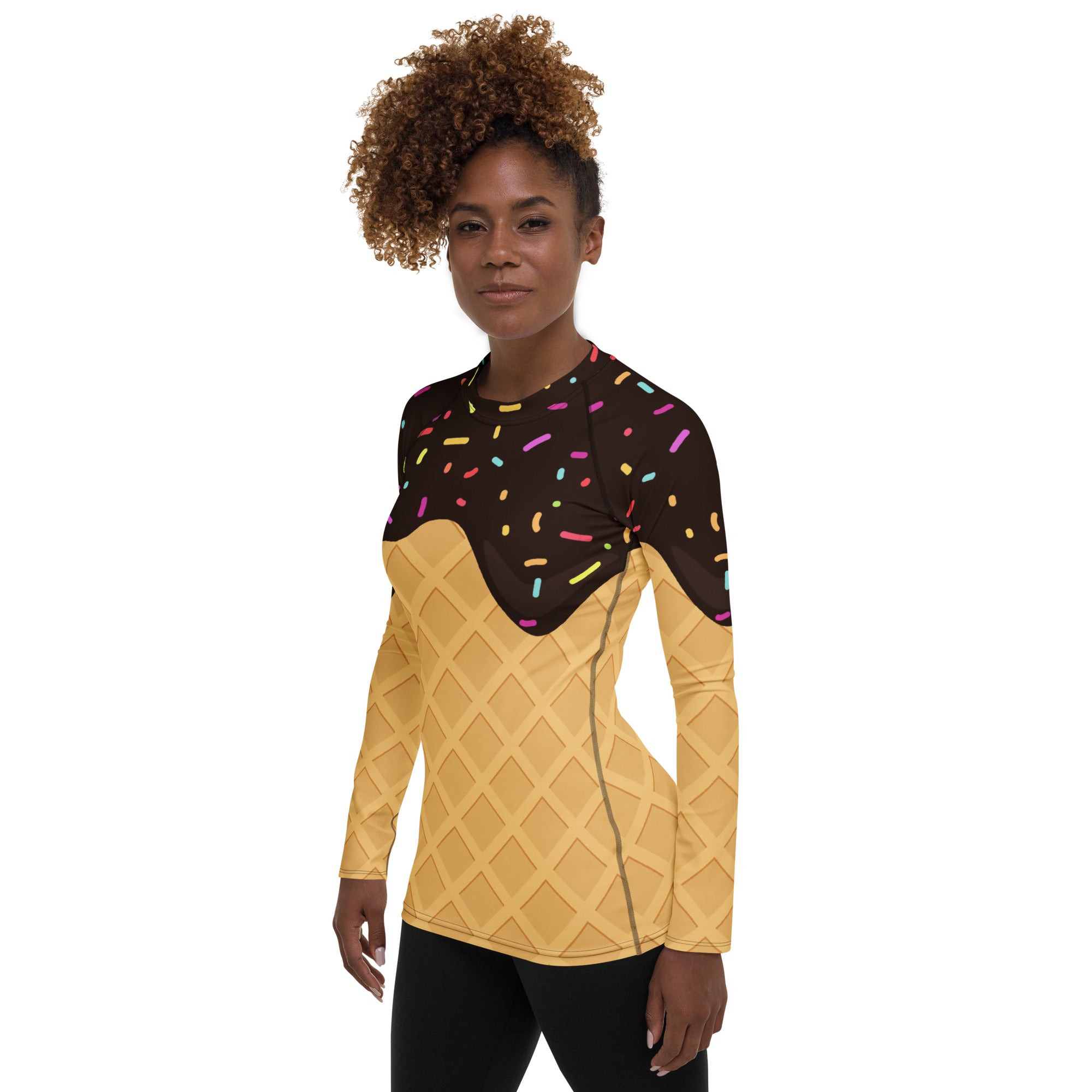 Women's Chocolate Ice Cream Cone Long Sleeve Rash Guard Swim Shirt – Buttery Soft, Sun Safe UPF 50+ Protection, Quick Dry & 4-Way Stretch Comfort