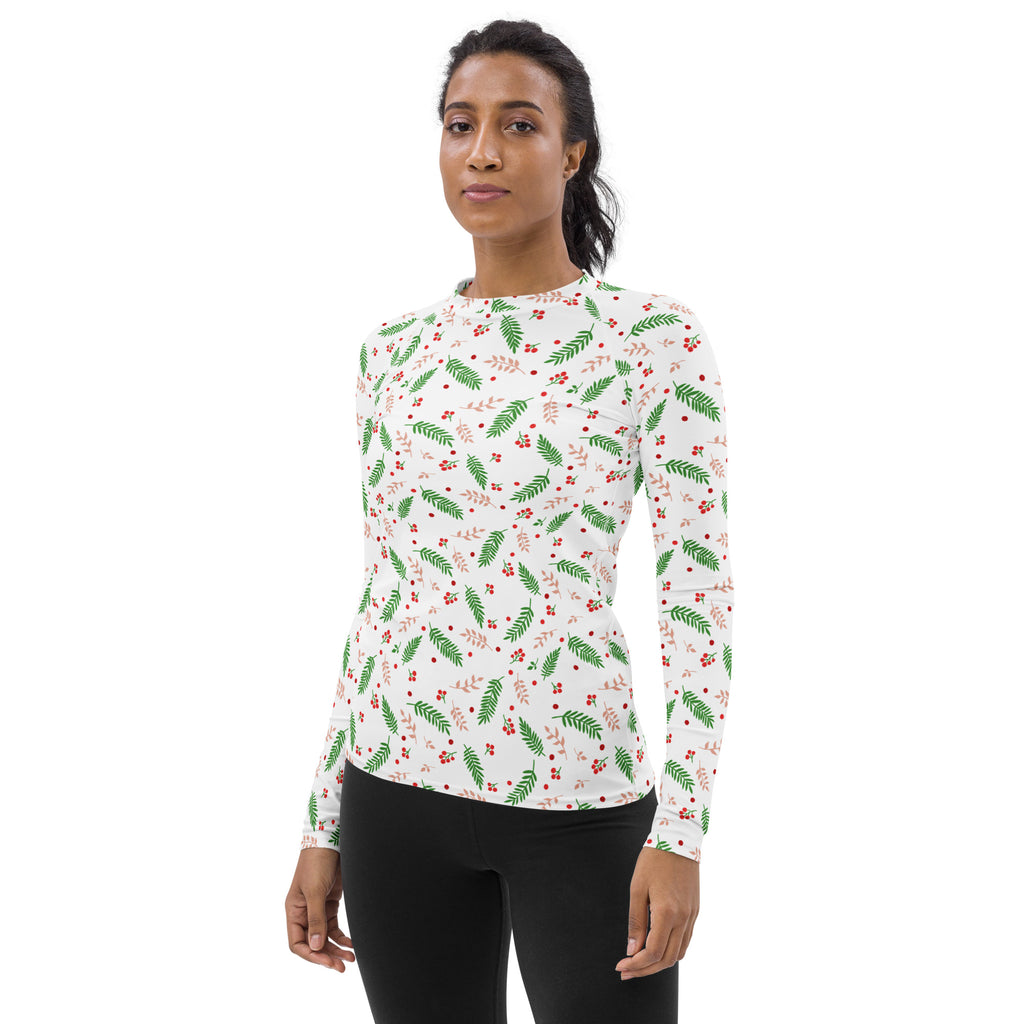 Women's Christmas Holly Berry Long Sleeve Rash Guard Swim Shirt – Buttery Soft, Sun Safe UPF 50+ Protection, Quick Dry & 4-Way Stretch Comfort