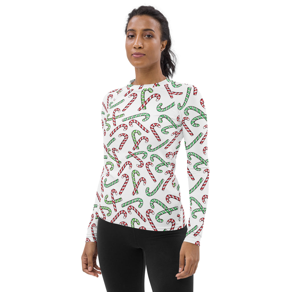 Women's Red & Green Candy Cane Long Sleeve Rash Guard Swim Shirt – Buttery Soft, Sun Safe UPF 50+ Protection, Quick Dry & 4-Way Stretch Comfort
