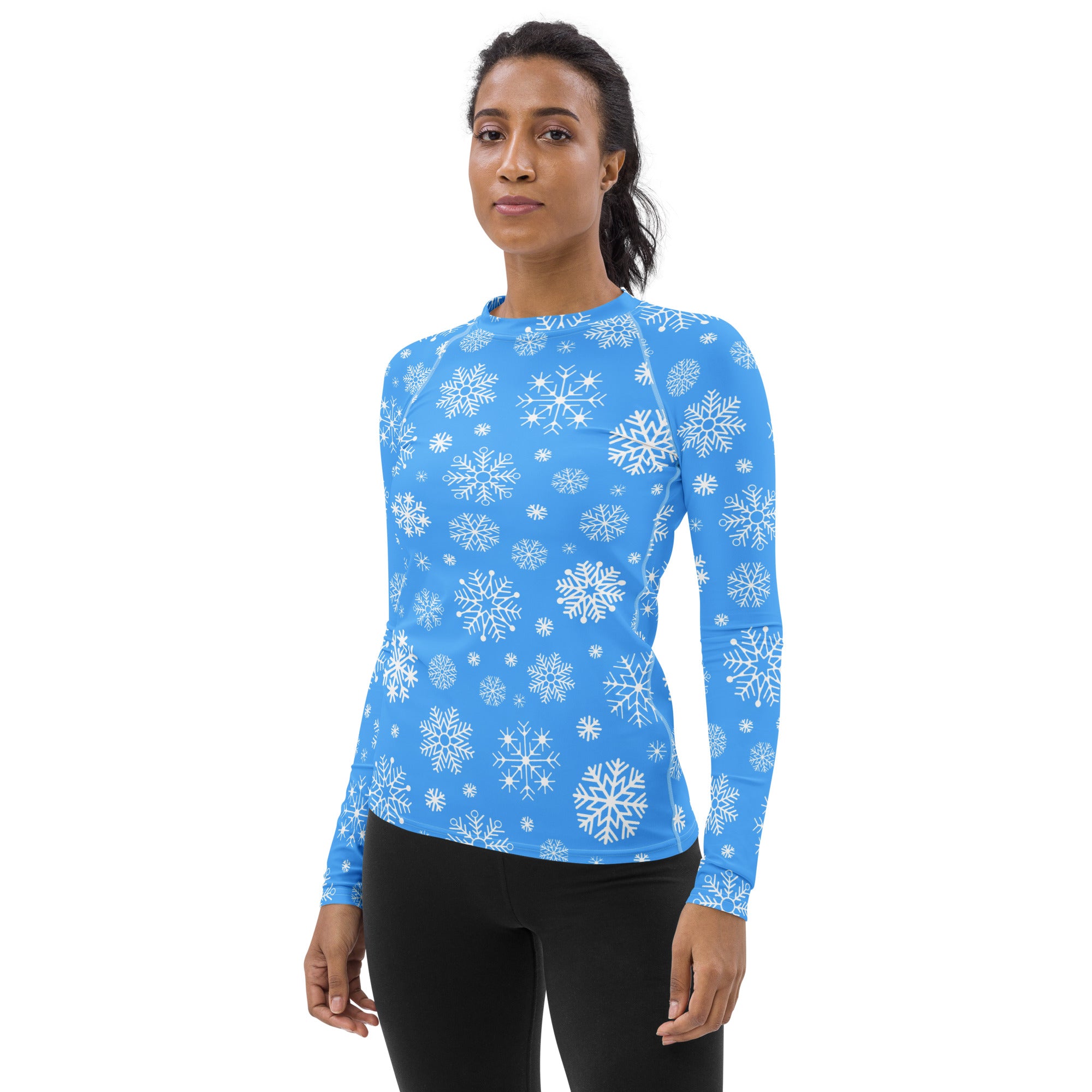 Women's Blue Snowflake Long Sleeve Rash Guard Swim Shirt – Buttery Soft, Sun Safe UPF 50+ Protection, Quick Dry & 4-Way Stretch Comfort