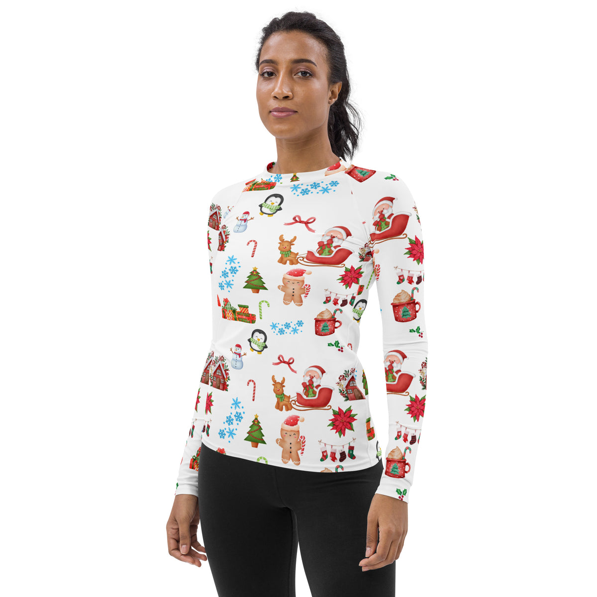 Women's Christmas Themed Long Sleeve Rash Guard Swim Shirt – Buttery Soft, Sun Safe UPF 50+ Protection, Quick Dry & 4-Way Stretch Comfort