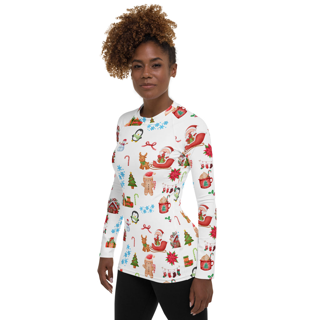 Women's Christmas Themed Long Sleeve Rash Guard Swim Shirt – Buttery Soft, Sun Safe UPF 50+ Protection, Quick Dry & 4-Way Stretch Comfort