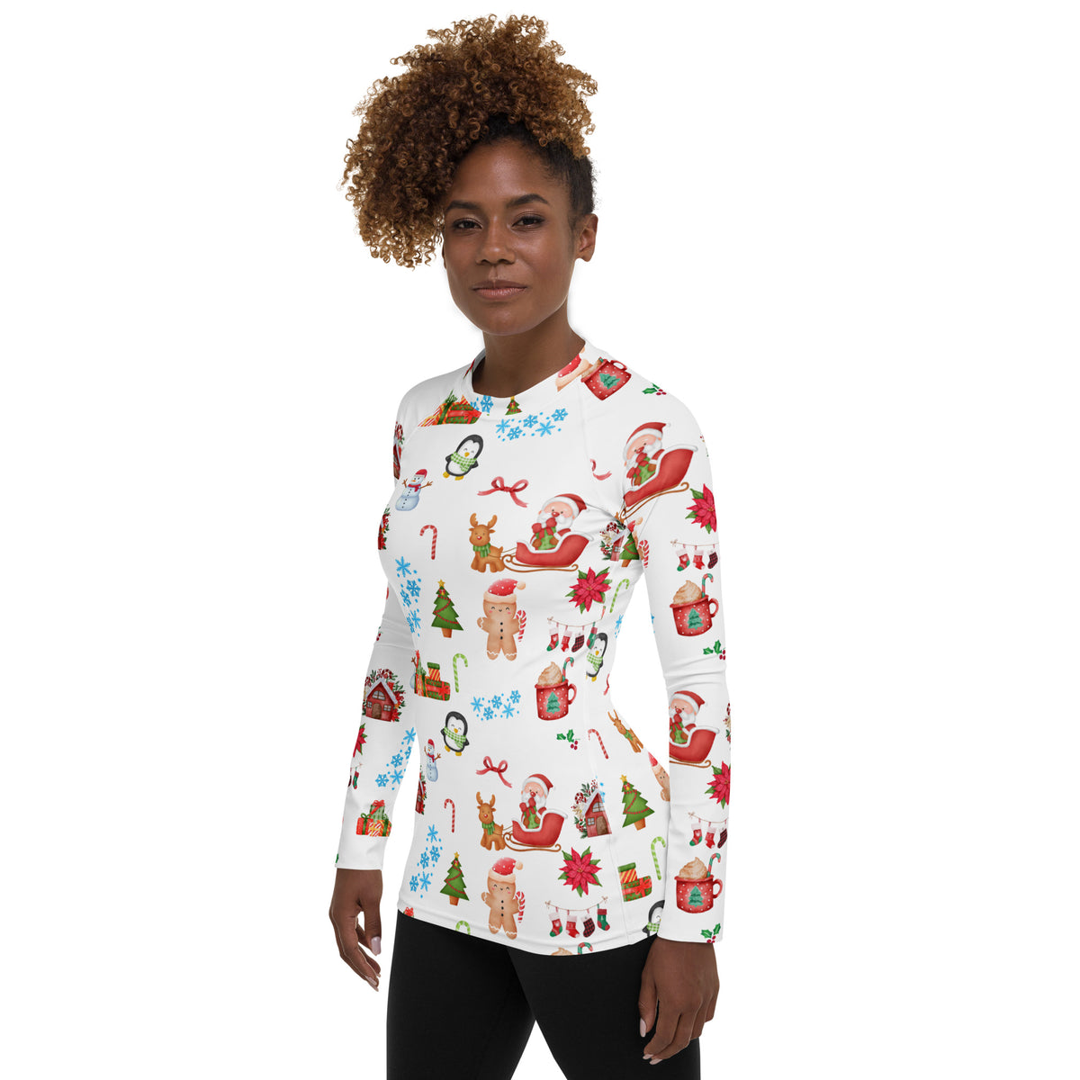 Women's Christmas Themed Long Sleeve Rash Guard Swim Shirt – Buttery Soft, Sun Safe UPF 50+ Protection, Quick Dry & 4-Way Stretch Comfort