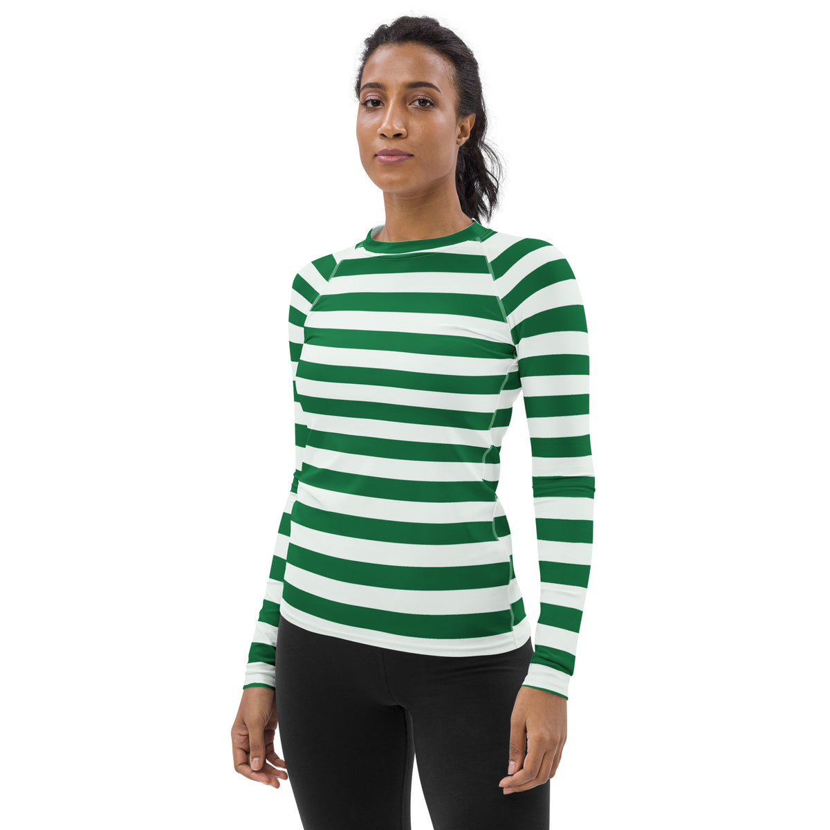 Women's Green & White Striped Long Sleeve Rash Guard Swim Shirt – Buttery Soft, Sun Safe UPF 50+ Protection, Quick Dry & 4-Way Stretch Comfort