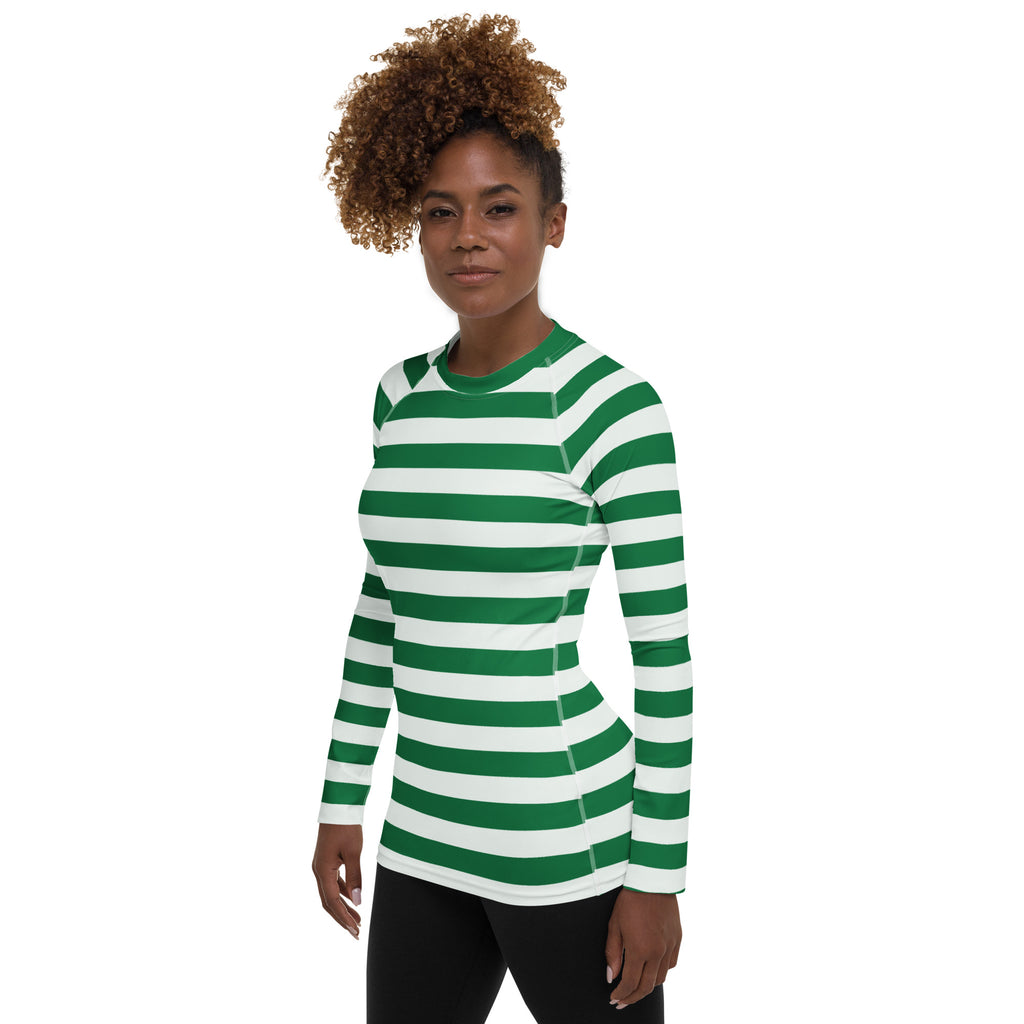 Women's Green & White Striped Long Sleeve Rash Guard Swim Shirt – Buttery Soft, Sun Safe UPF 50+ Protection, Quick Dry & 4-Way Stretch Comfort