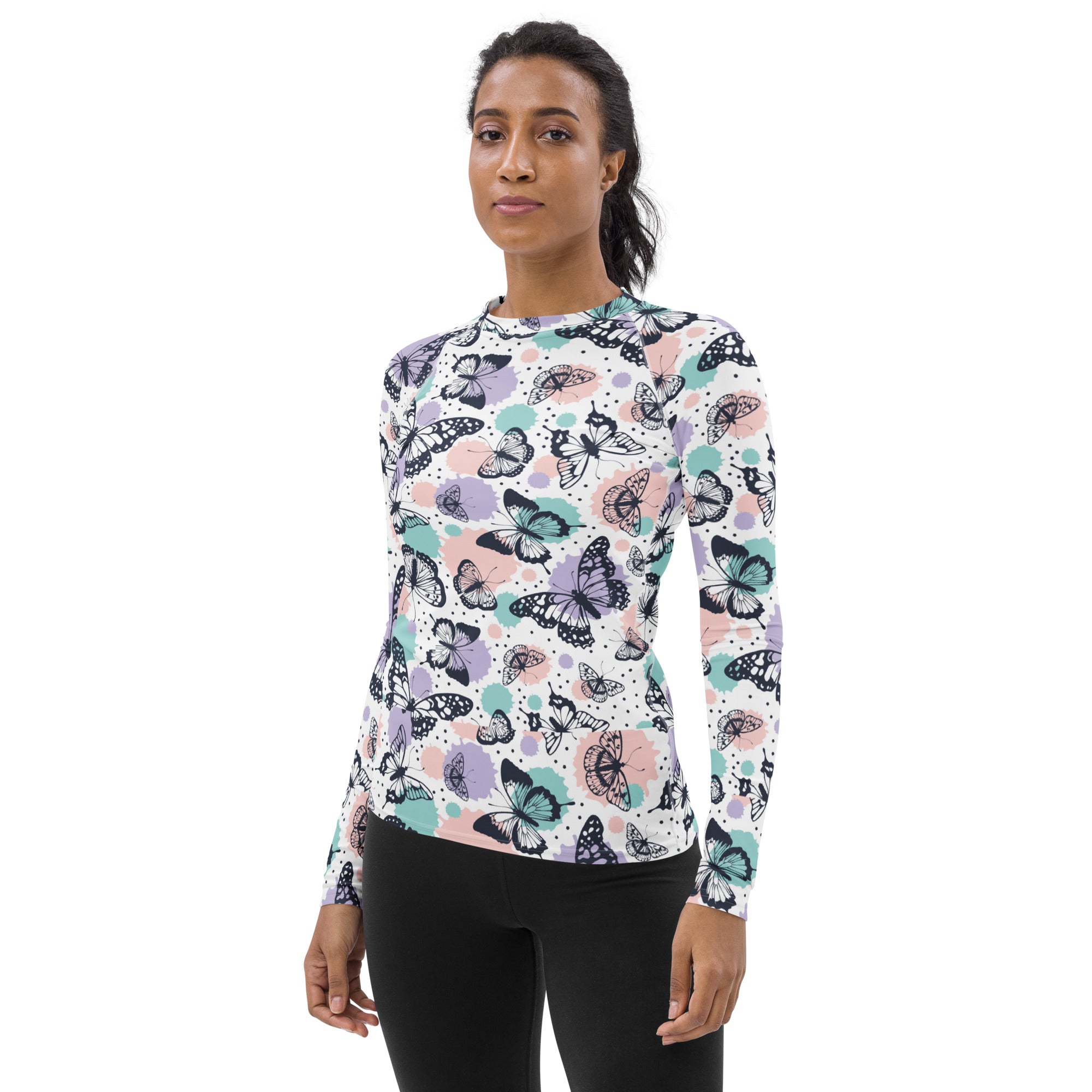 Women's Pastel Butterfly Long Sleeve Rash Guard Swim Shirt – Buttery Soft, Sun Safe UPF 50+ Protection, Quick Dry & 4-Way Stretch Comfort