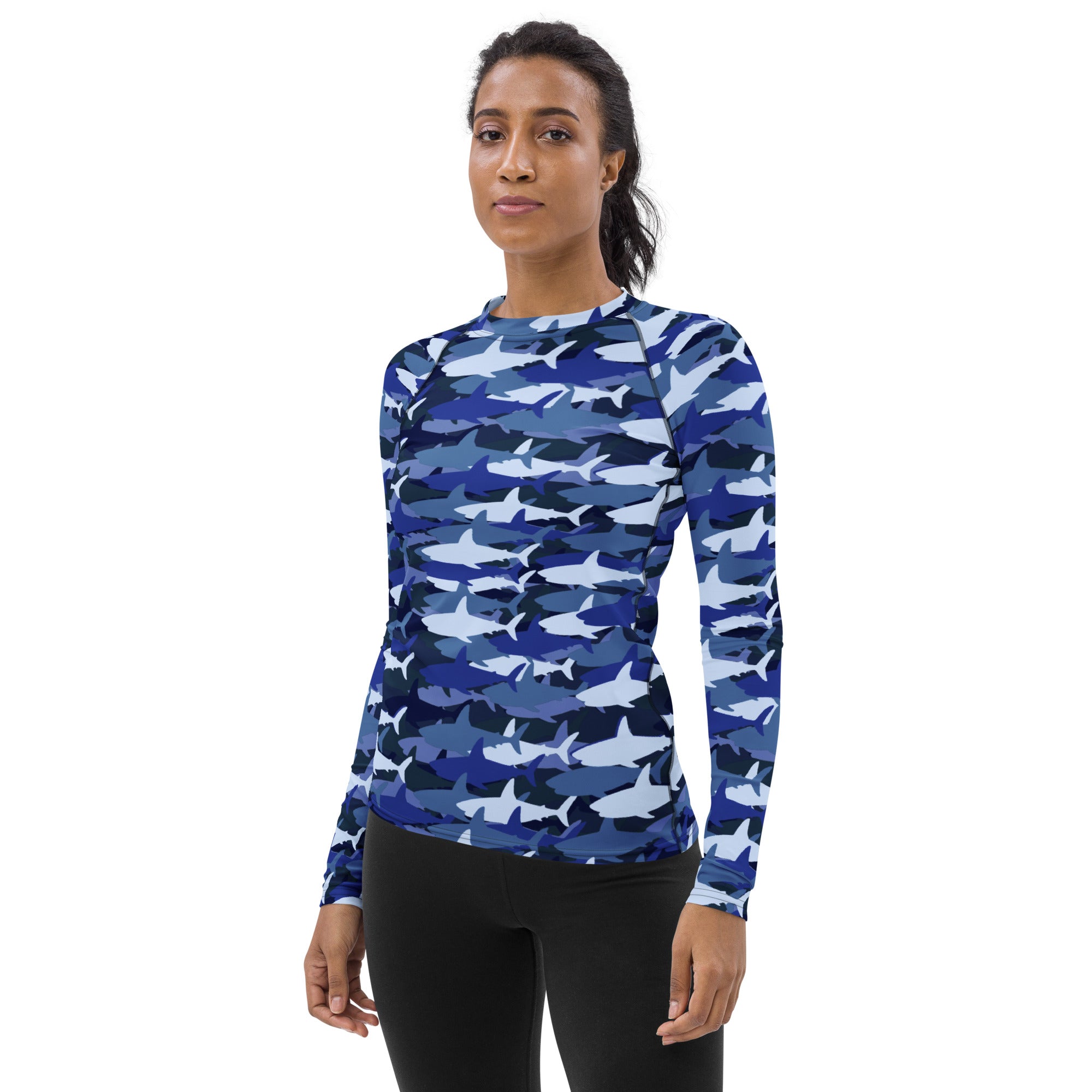 Women's Blue Shark Camouflage Long Sleeve Rash Guard Swim Shirt – Buttery Soft, Sun Safe UPF 50+ Protection, Quick Dry & 4-Way Stretch Comfort