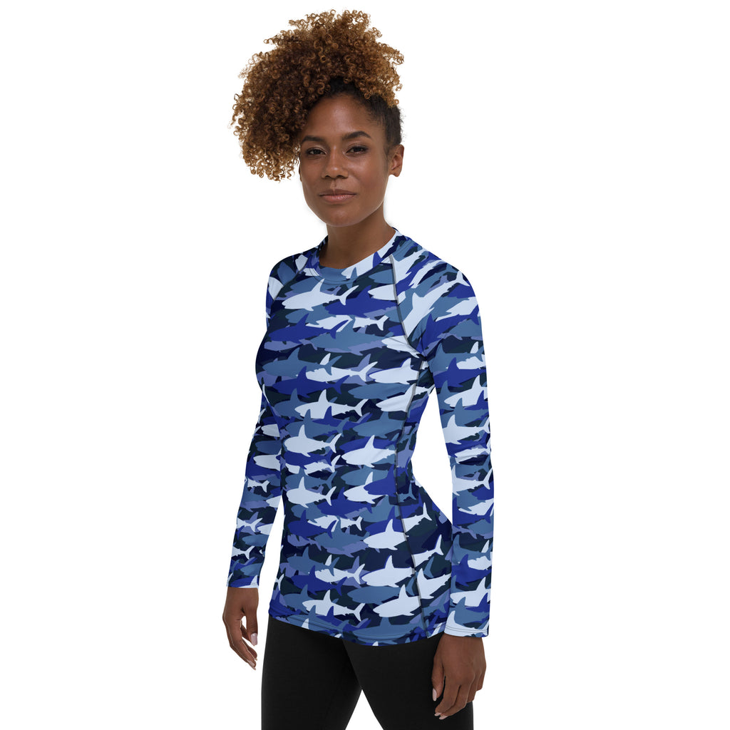 Women's Blue Shark Camouflage Long Sleeve Rash Guard Swim Shirt – Buttery Soft, Sun Safe UPF 50+ Protection, Quick Dry & 4-Way Stretch Comfort