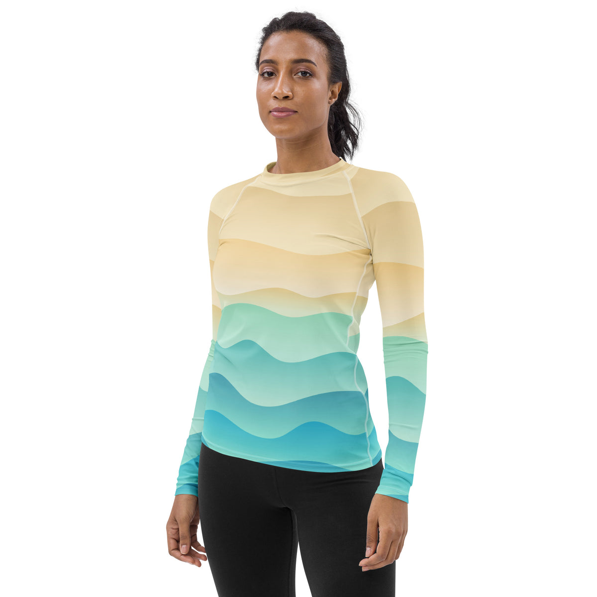 Women's Sand & Ocean Waves Long Sleeve Rash Guard Swim Shirt – Buttery Soft, Sun Safe UPF 50+ Protection, Quick Dry & 4-Way Stretch Comfort