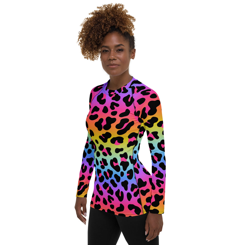Women's Rainbow Leopard Long Sleeve Rash Guard Swim Shirt – Buttery Soft, Sun Safe UPF 50+ Protection, Quick Dry & 4-Way Stretch Comfort