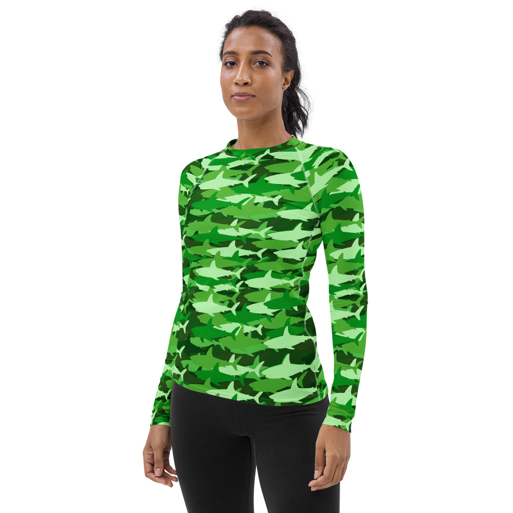 Women's Green Shark Camouflage Long Sleeve Rash Guard Swim Shirt – Buttery Soft, Sun Safe UPF 50+ Protection, Quick Dry & 4-Way Stretch Comfort
