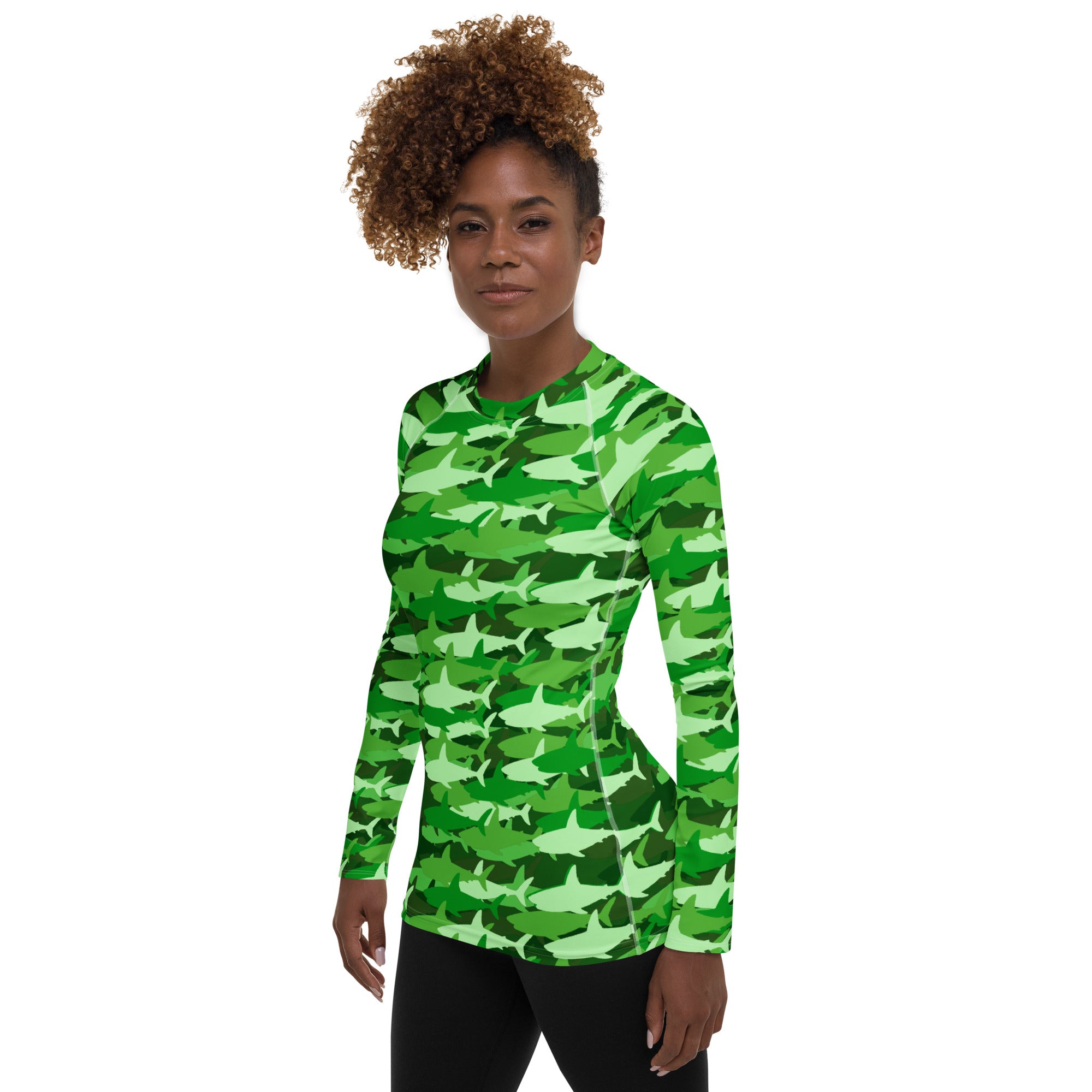 Women's Green Shark Camouflage Long Sleeve Rash Guard Swim Shirt – Buttery Soft, Sun Safe UPF 50+ Protection, Quick Dry & 4-Way Stretch Comfort