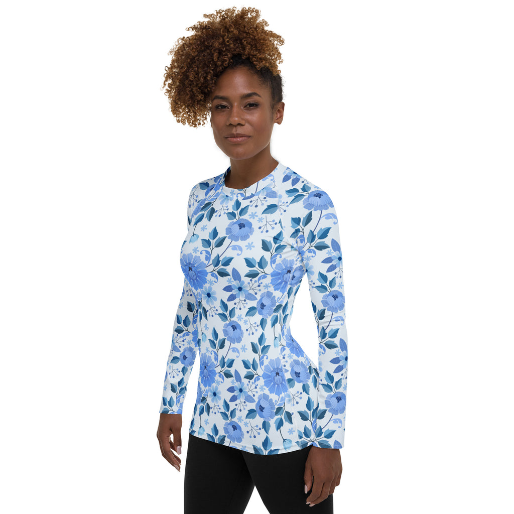 Women's Blue Floral Long Sleeve Rash Guard Swim Shirt – Buttery Soft, Sun Safe UPF 50+ Protection, Quick Dry & 4-Way Stretch Comfort
